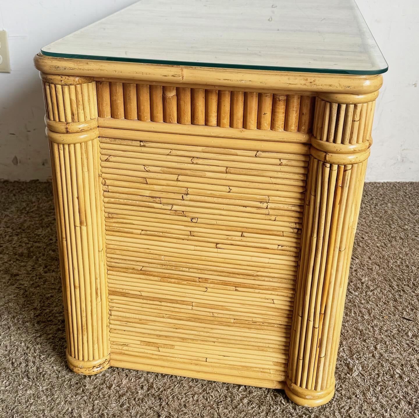Boho Chic Pencil Reed Nightstand/Commode With Glass Top In Good Condition For Sale In Delray Beach, FL