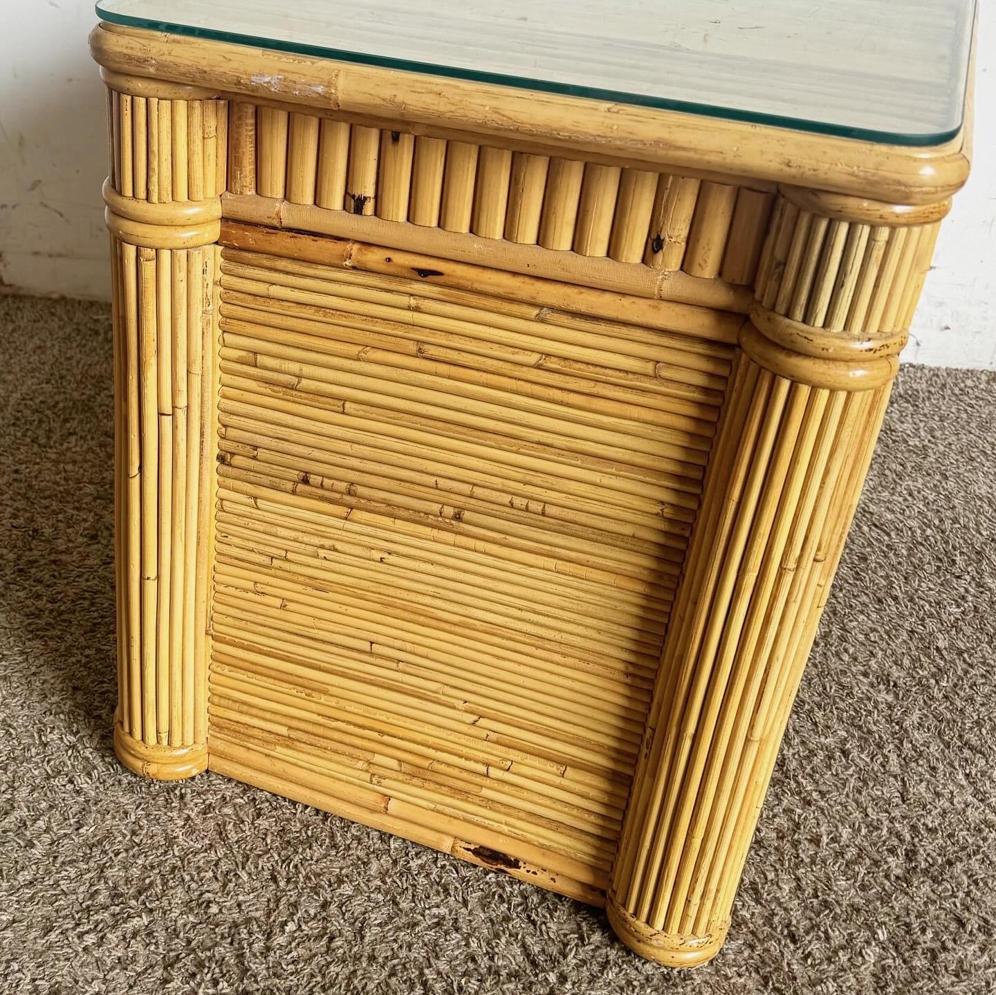 Late 20th Century Boho Chic Pencil Reed Nightstand/Commode With Glass Top For Sale