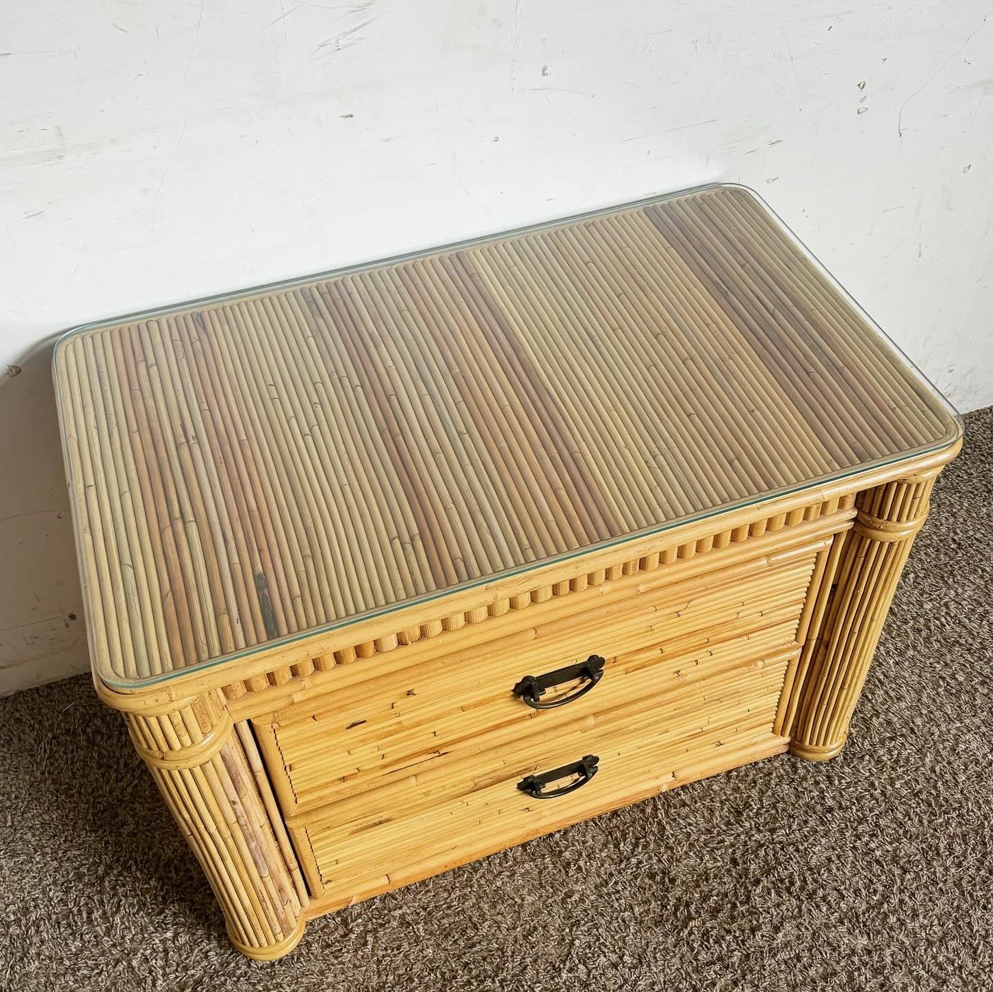 Boho Chic Pencil Reed Nightstand/Commode With Glass Top For Sale 1