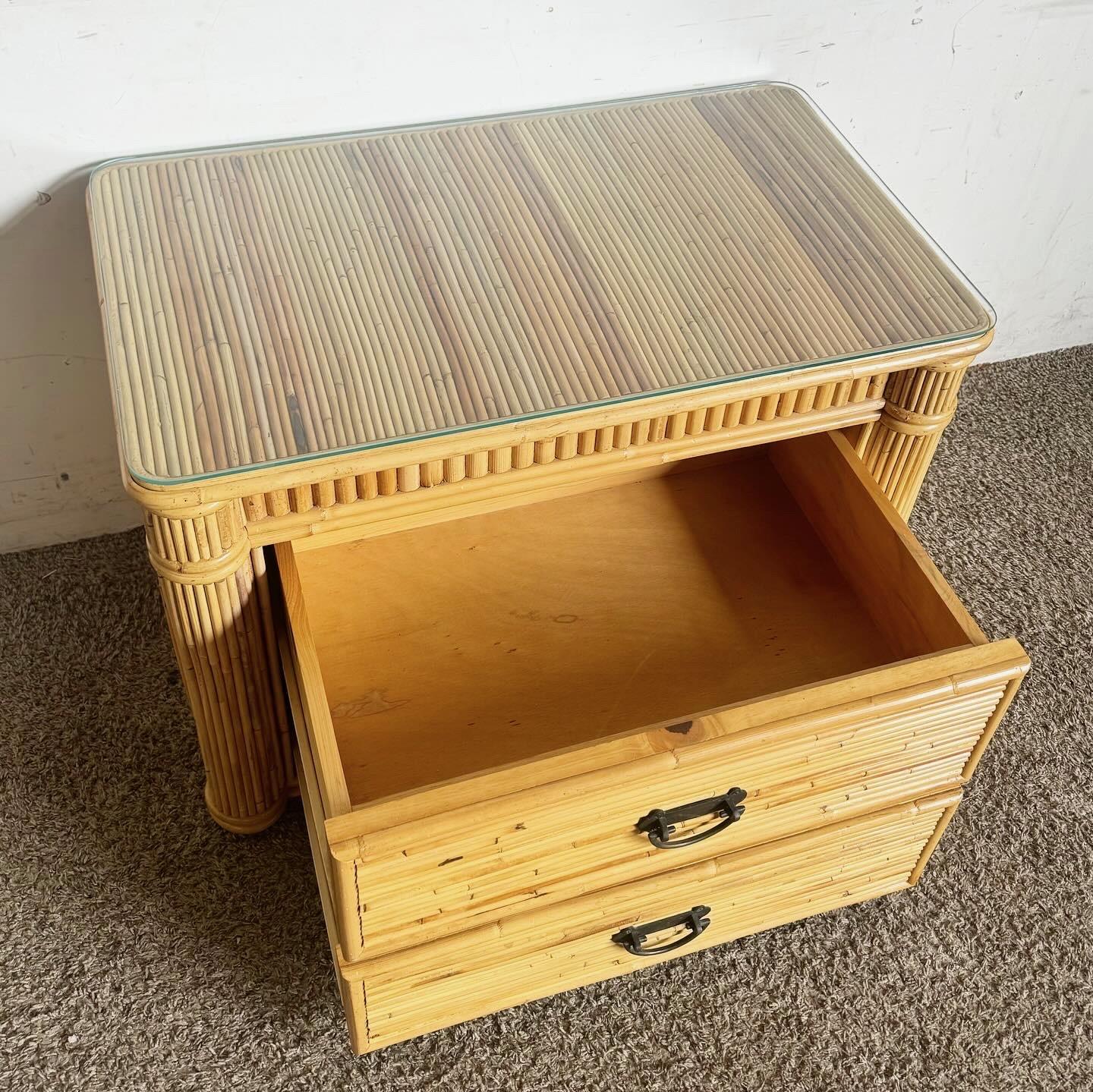 Boho Chic Pencil Reed Nightstand/Commode With Glass Top For Sale 2