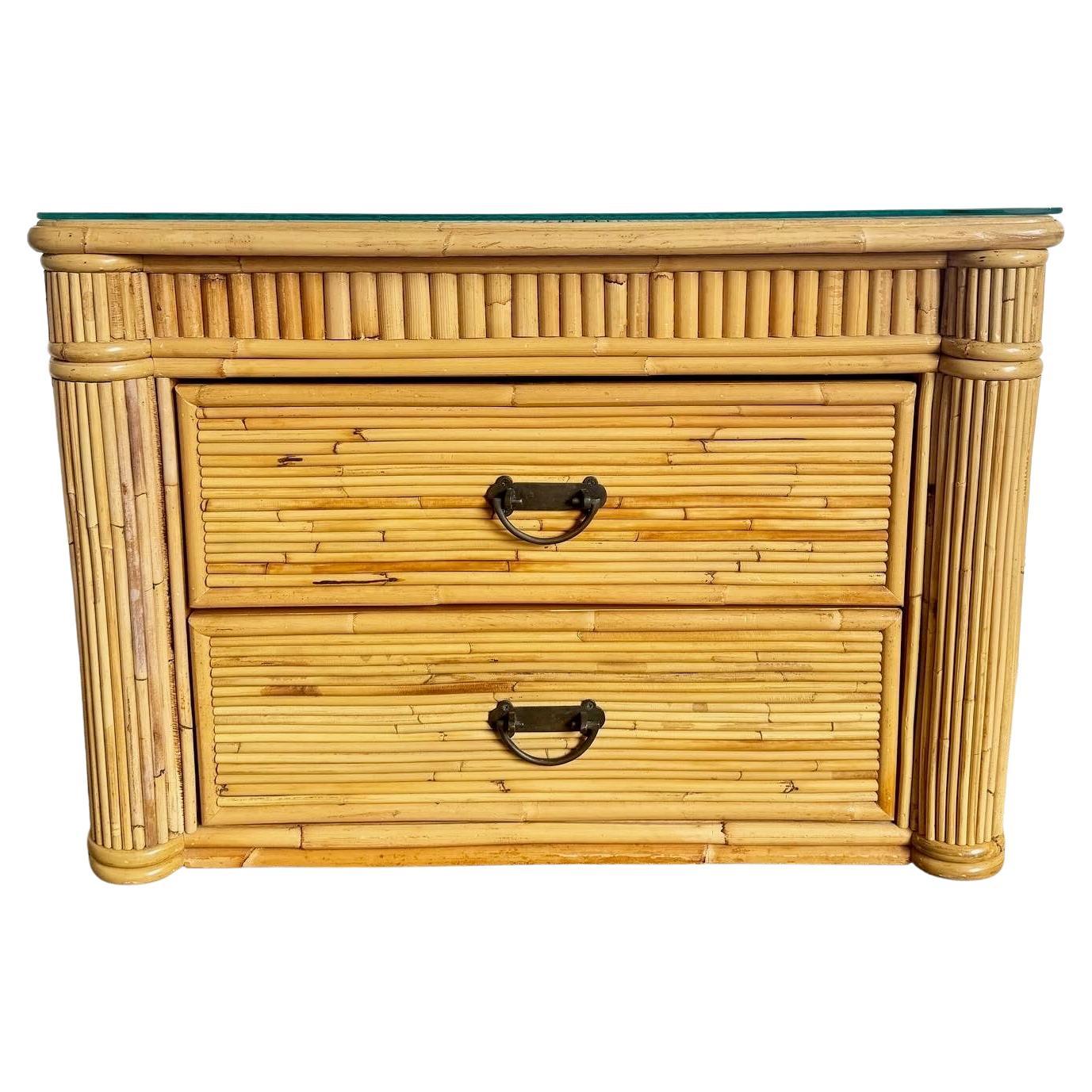 Boho Chic Pencil Reed Nightstand/Commode With Glass Top