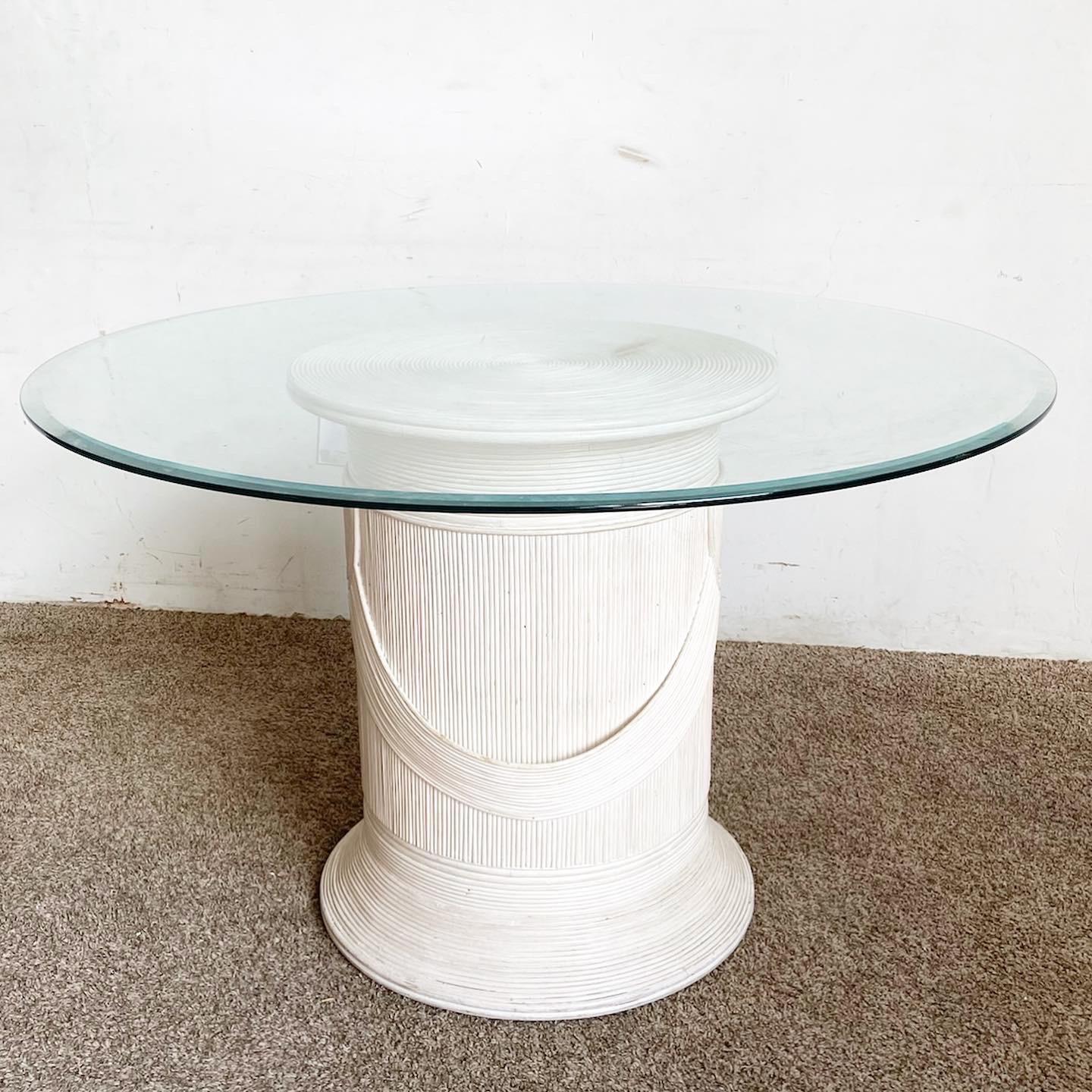 Bohemian Boho Chic Pencil Reed Pedestal Circular Glass Top Dining Table For Sale