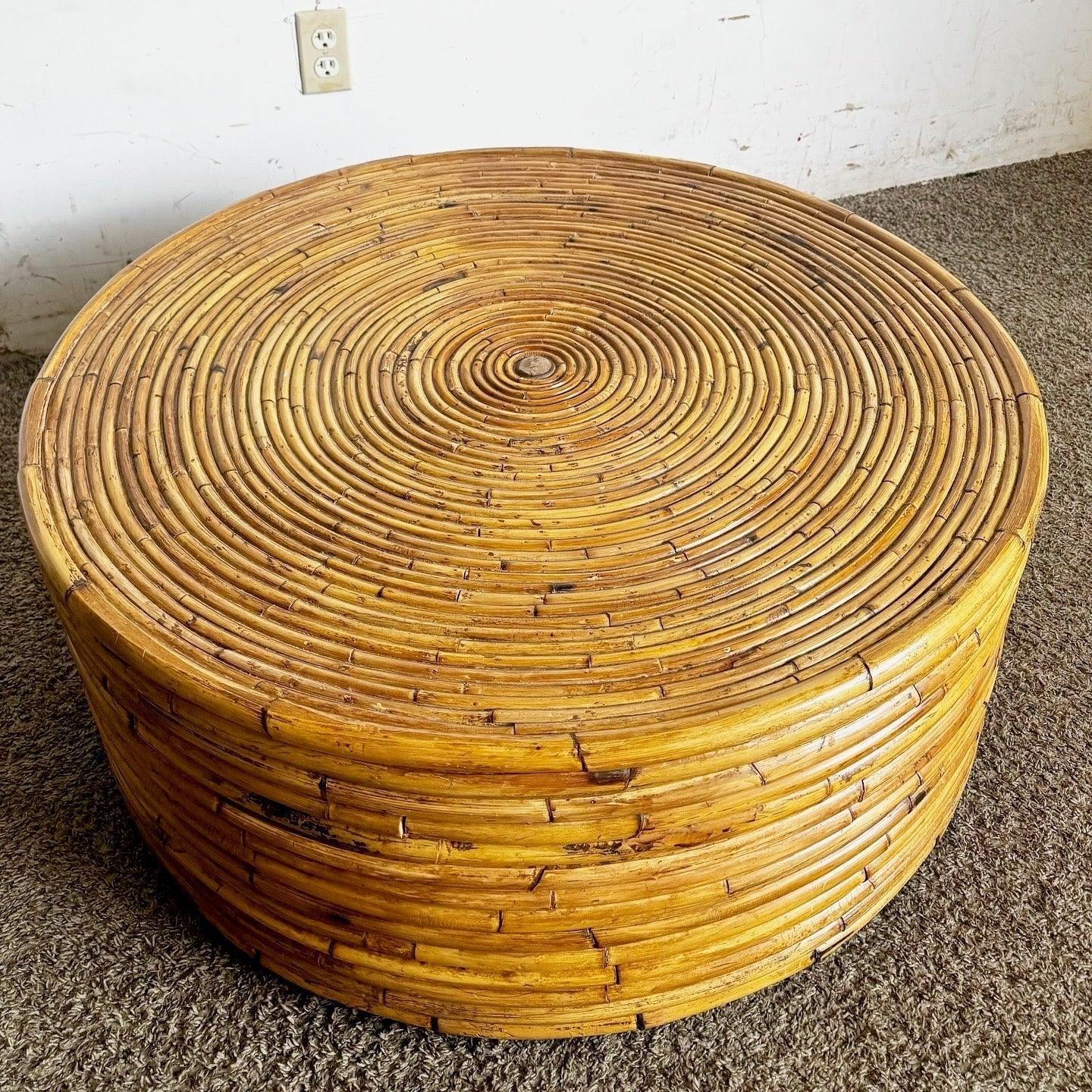 Boho Chic Pencil Reed Rattan Circular Drum Coffee Table For Sale at 1stDibs
