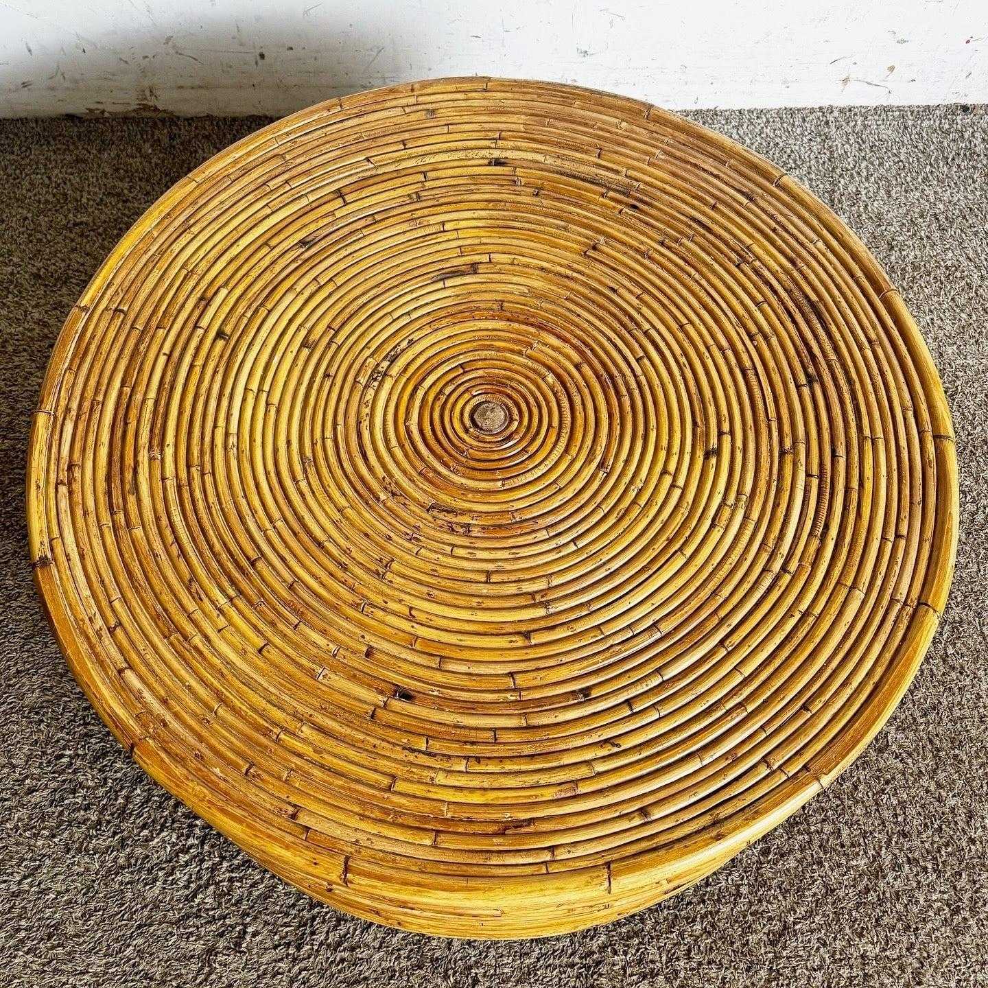 Boho Chic Pencil Reed Rattan Circular Drum Coffee Table For Sale at 1stDibs