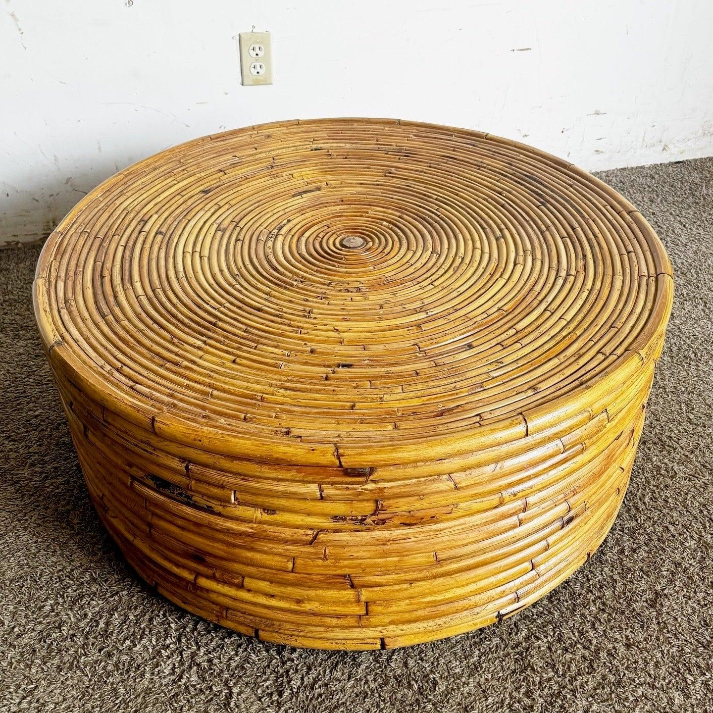 Boho Chic Pencil Reed Rattan Circular Drum Coffee Table For Sale at 1stDibs