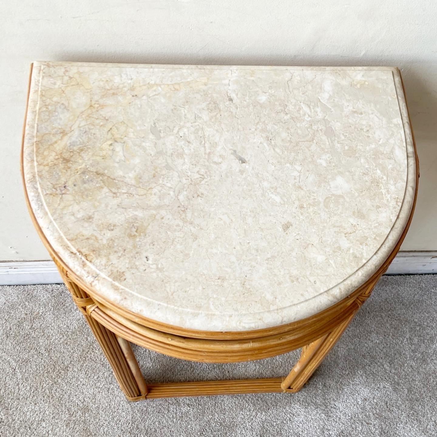 Boho Chic Pencil Reed Rattan Demi Lune Table with Marble Top For Sale