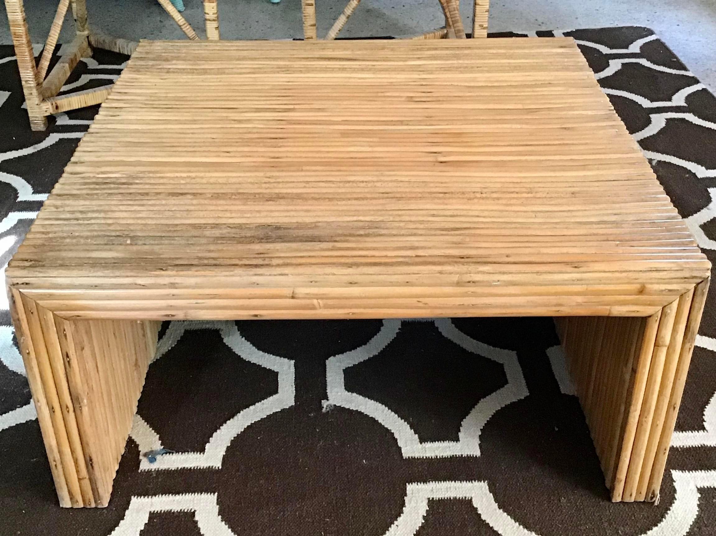 Mid-20th Century Boho Chic Pencil Reed Rattan Square Modern Parsons Style Coffee Table