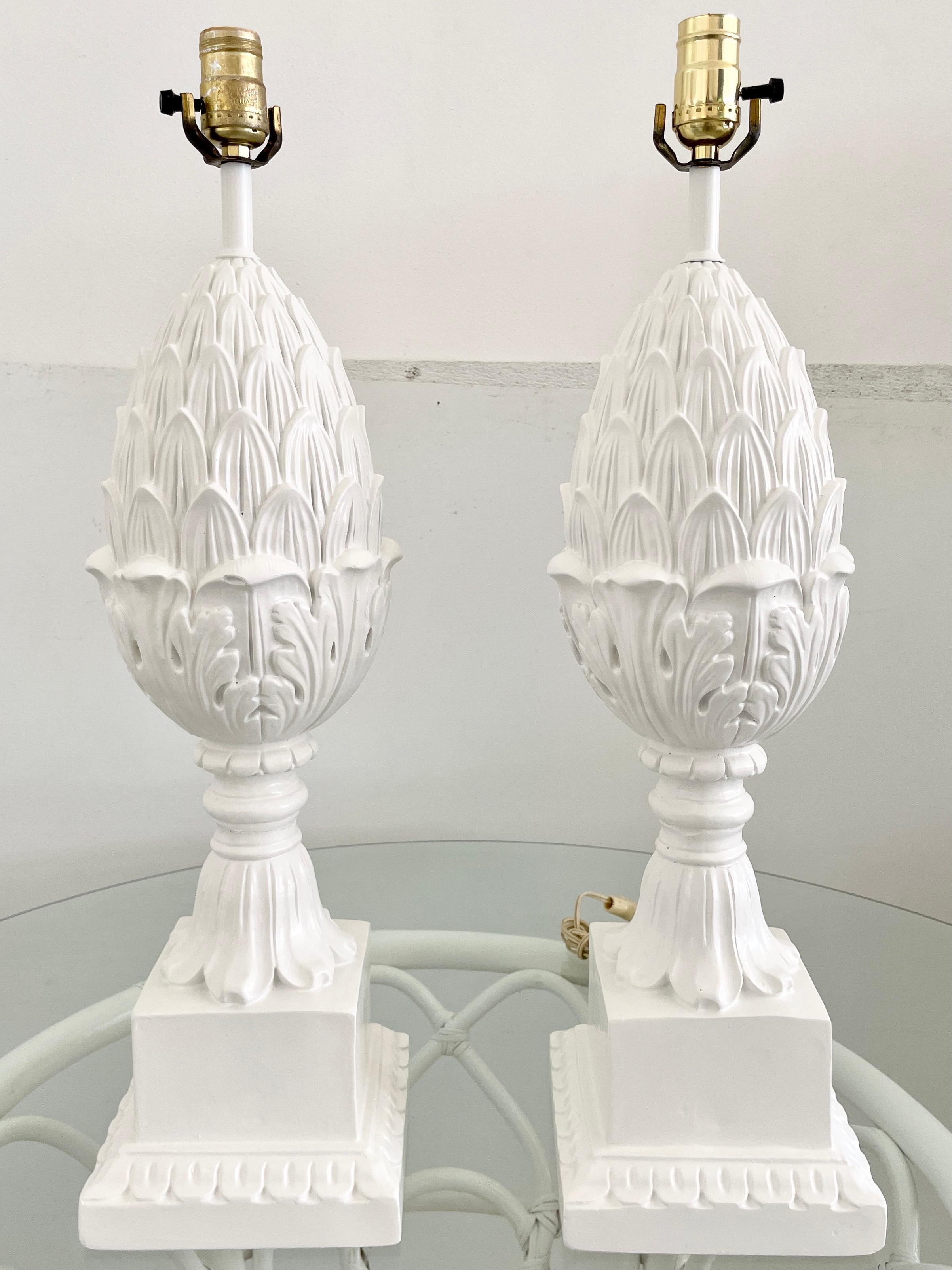 Fabulous pair of boho chic pineapple table lamps on bases. These are tall at 24.75