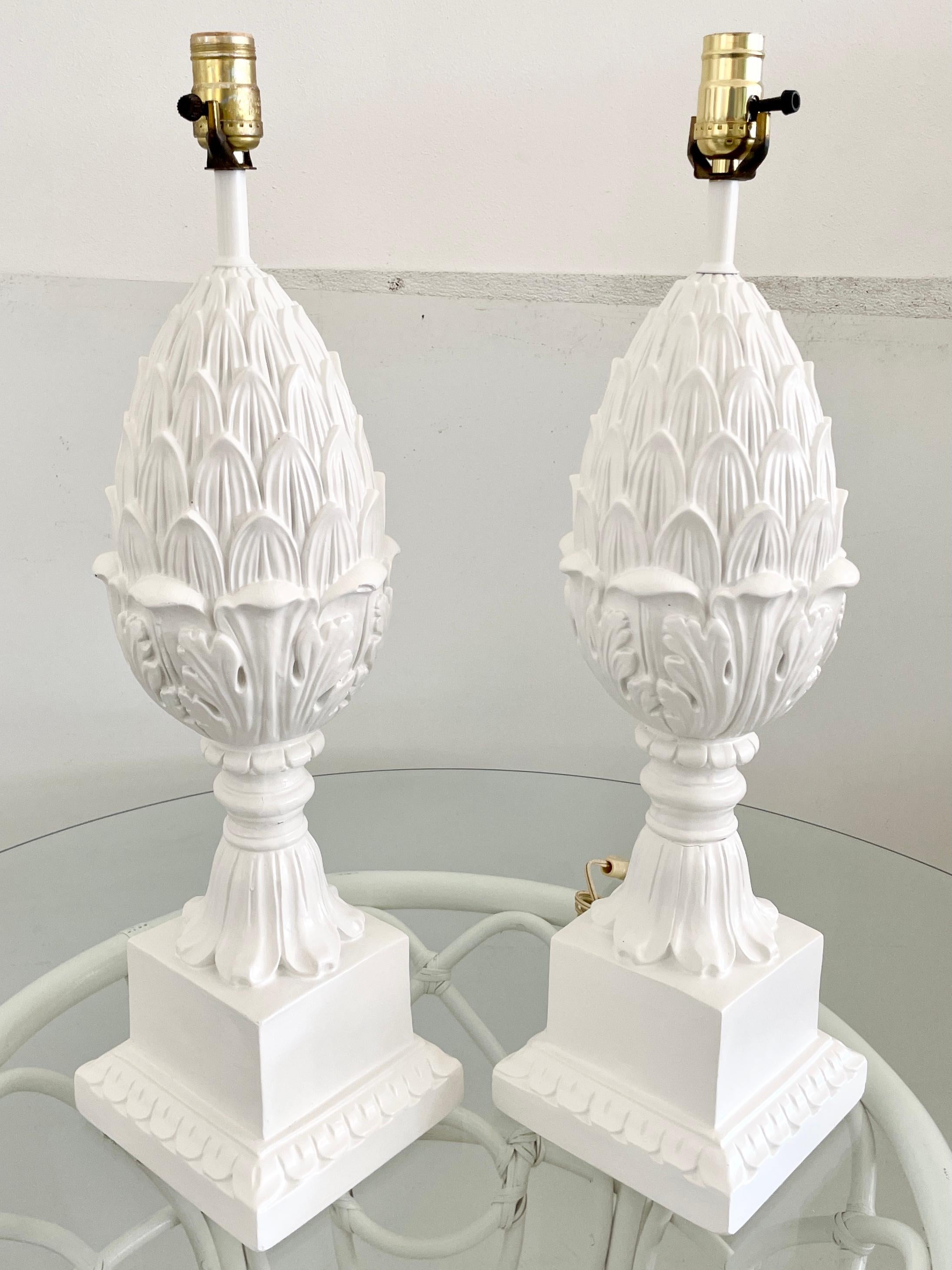 Plaster Boho Chic Pineapple Table Lamps, a Pair For Sale