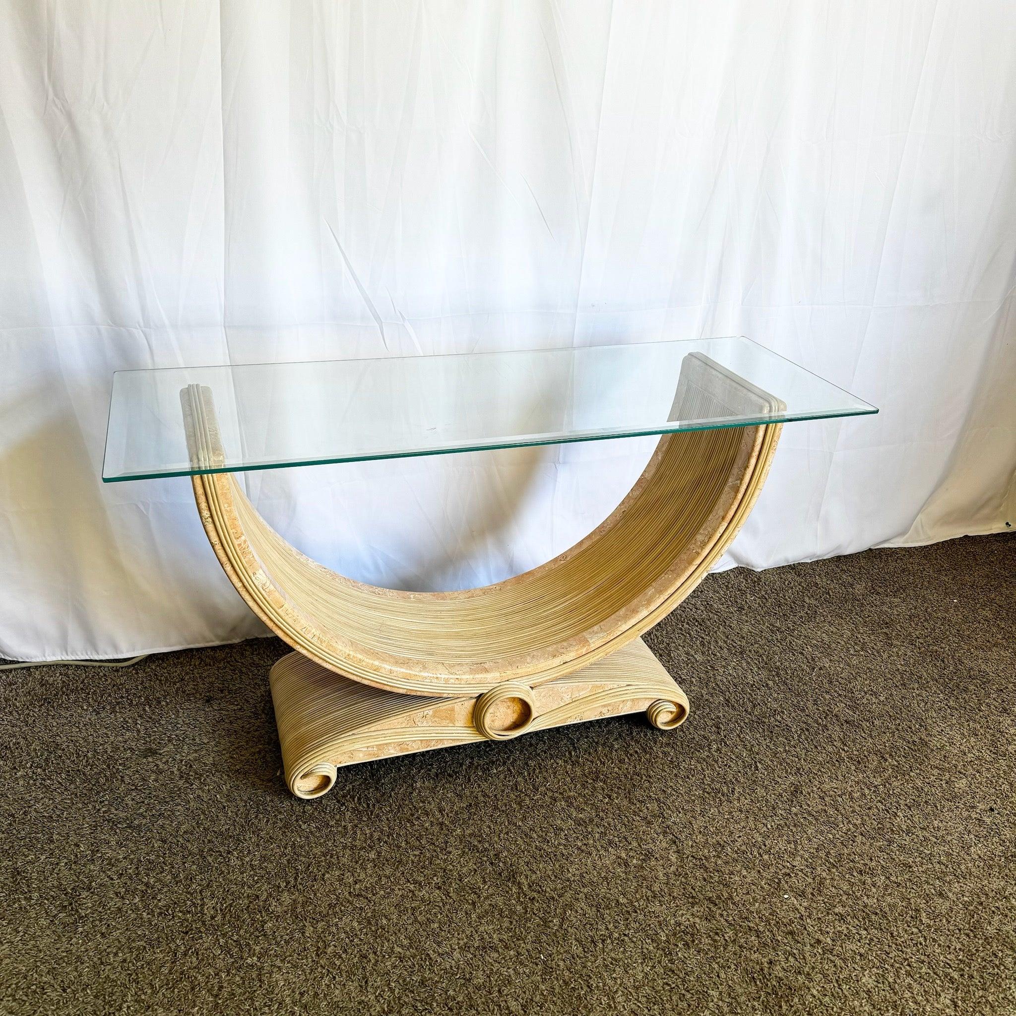 Boho Chic Pink Stone Console Table with pencil reed ribbon base and glass top, perfect for adding coastal charm to entryways or living rooms.
 
 We sell items as acquired, without restoring or repairing. Vintage pieces may have age-related wear.