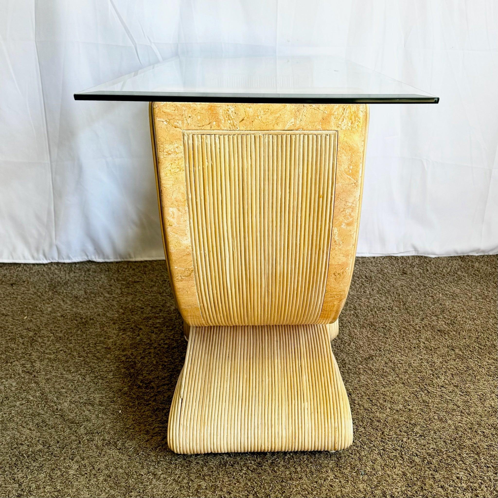 Philippine Boho Chic Pink Tessellated Stone and Pencil Reed Ribbon Glass Top Console Table For Sale