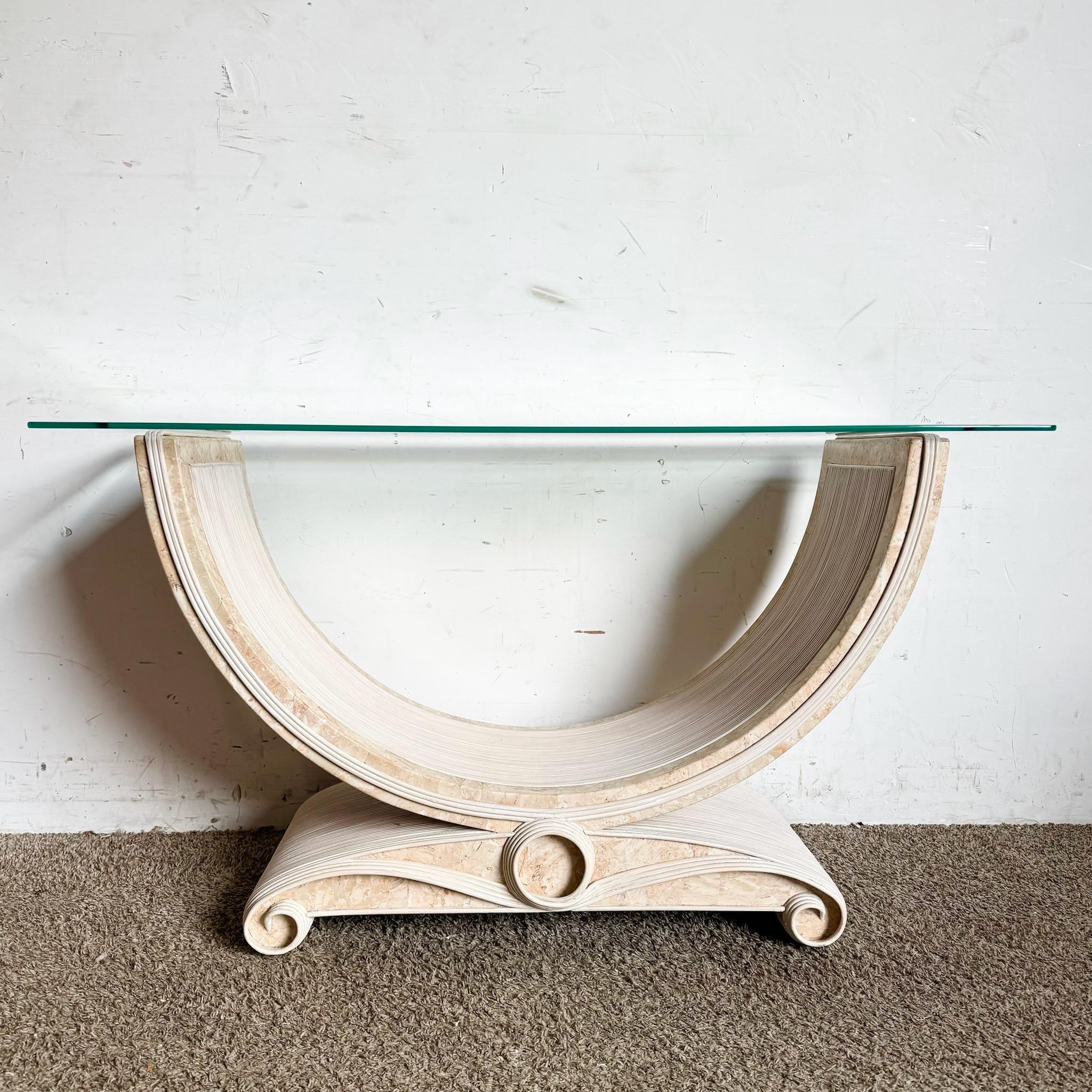Philippine Boho Chic Pink Tessellated Stone and Pencil Reed Ribbon Glass Top Console Table For Sale