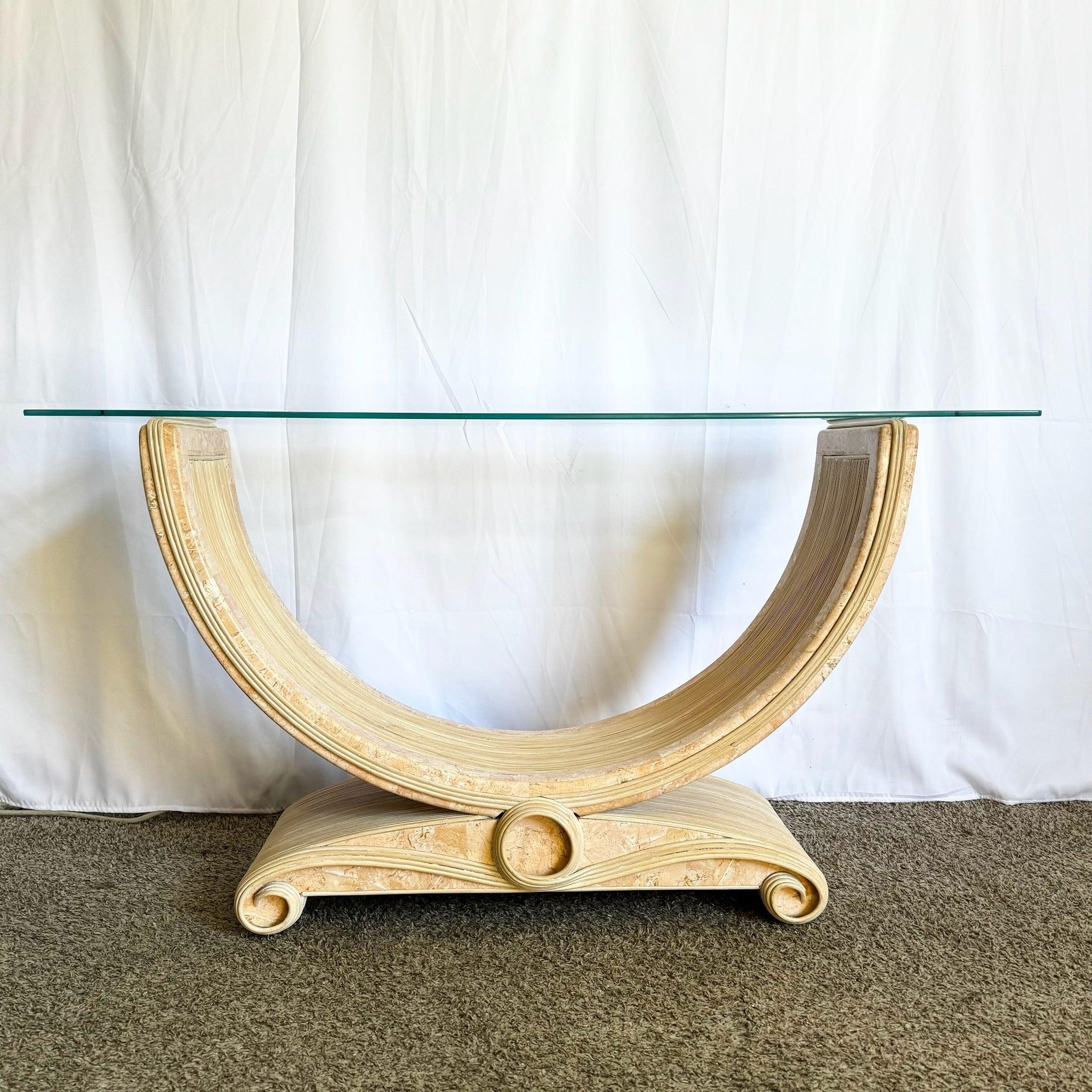 Boho Chic Pink Tessellated Stone and Pencil Reed Ribbon Glass Top Console Table In Good Condition For Sale In Delray Beach, FL