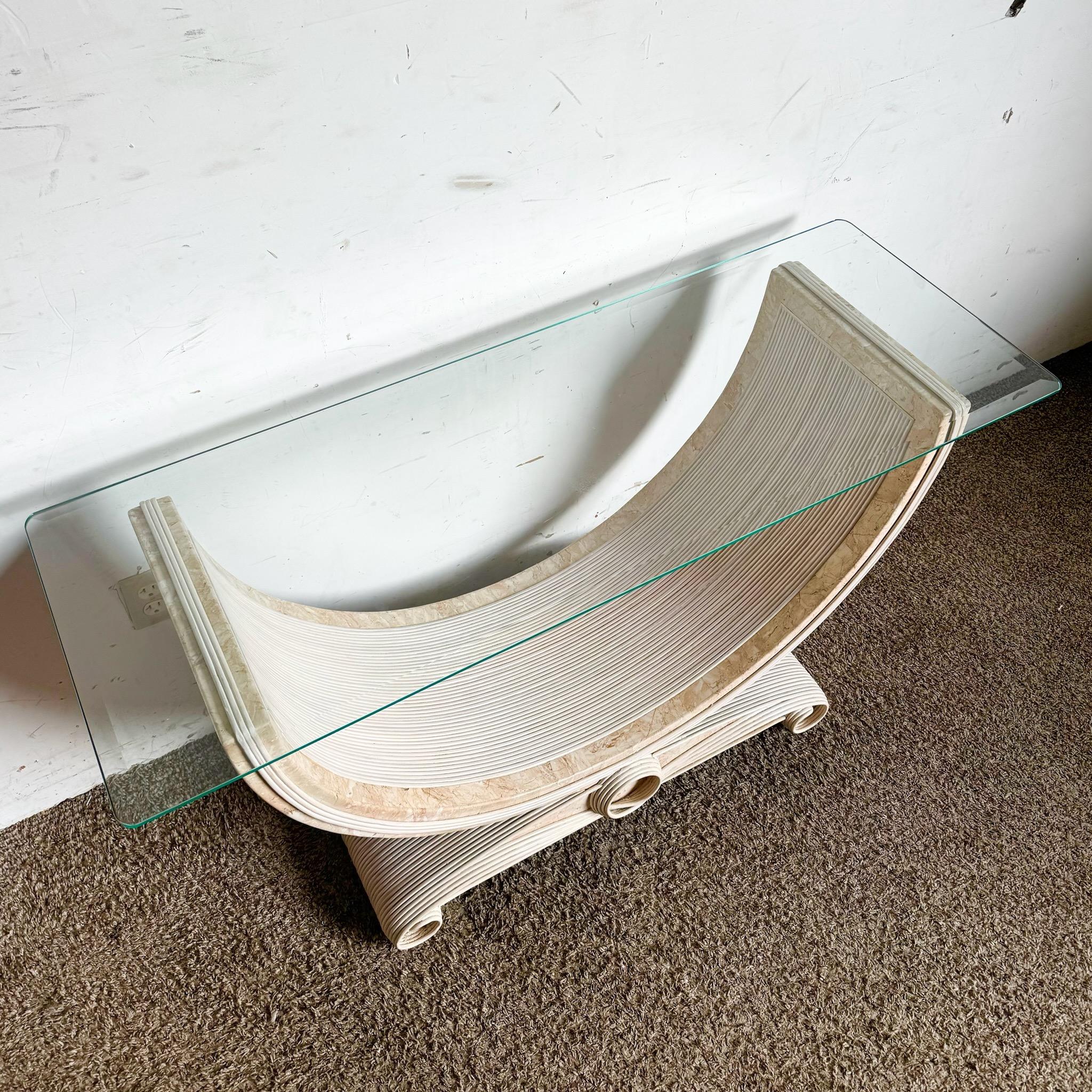 Boho Chic Pink Tessellated Stone and Pencil Reed Ribbon Glass Top Console Table In Good Condition For Sale In Delray Beach, FL