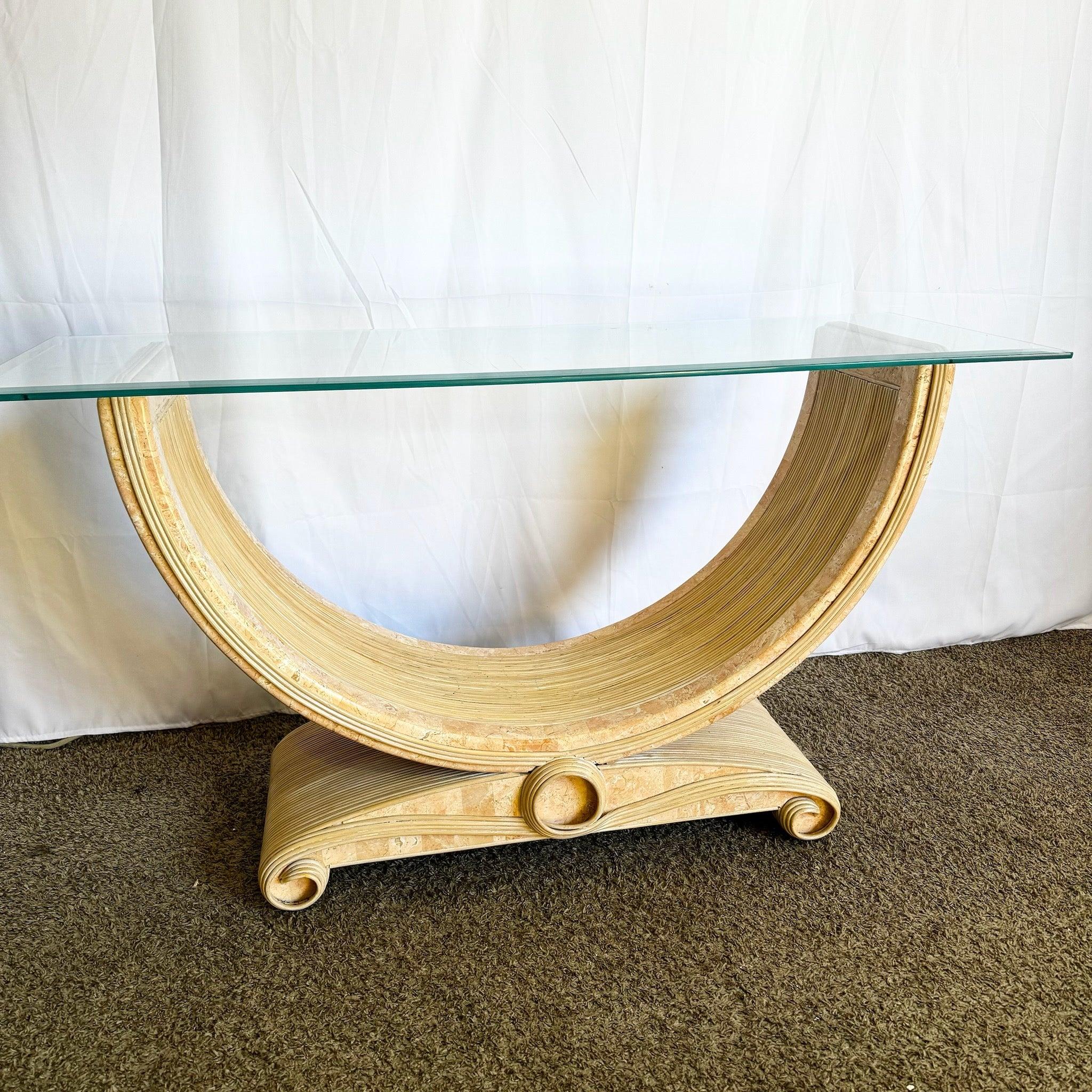 Late 20th Century Boho Chic Pink Tessellated Stone and Pencil Reed Ribbon Glass Top Console Table For Sale
