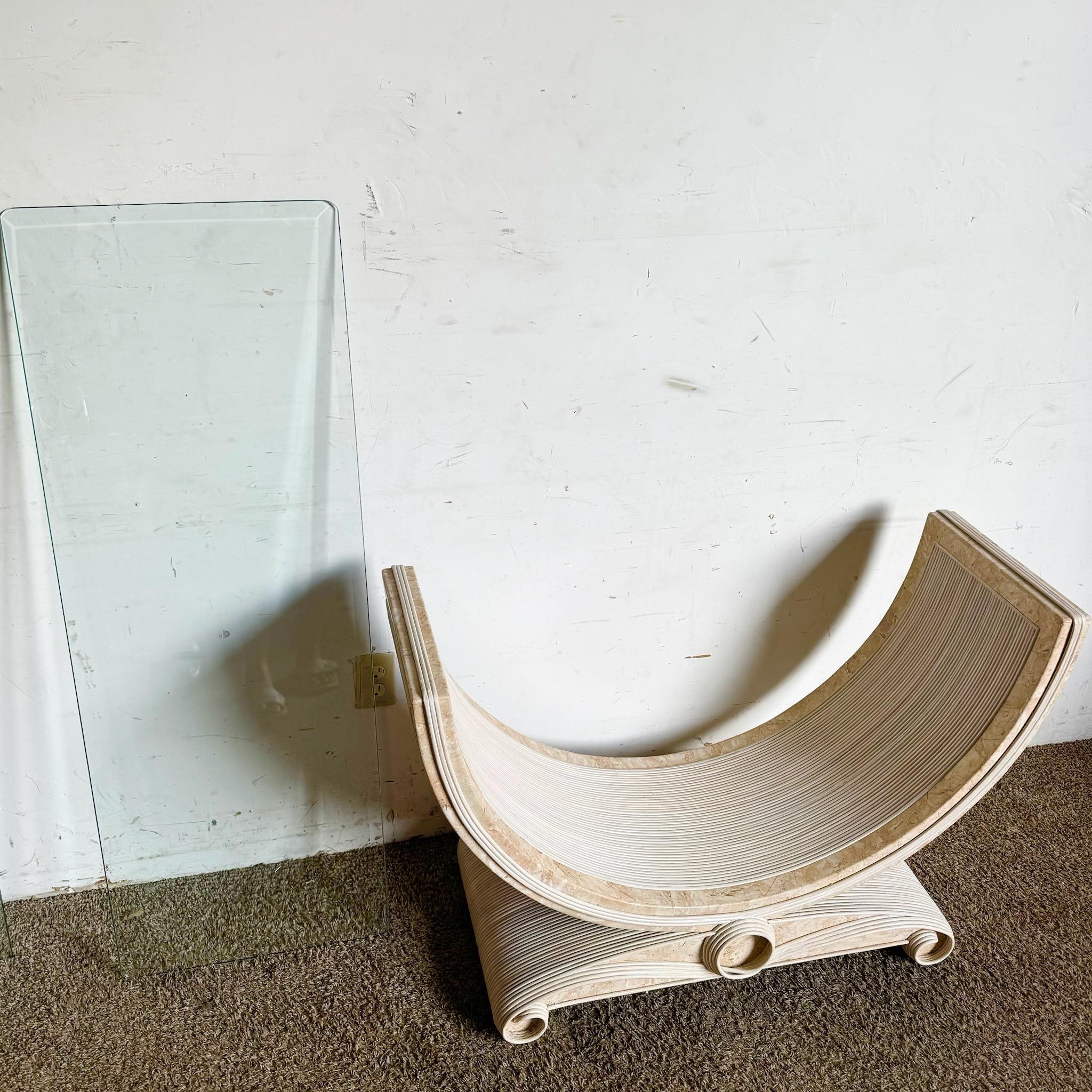 Late 20th Century Boho Chic Pink Tessellated Stone and Pencil Reed Ribbon Glass Top Console Table For Sale
