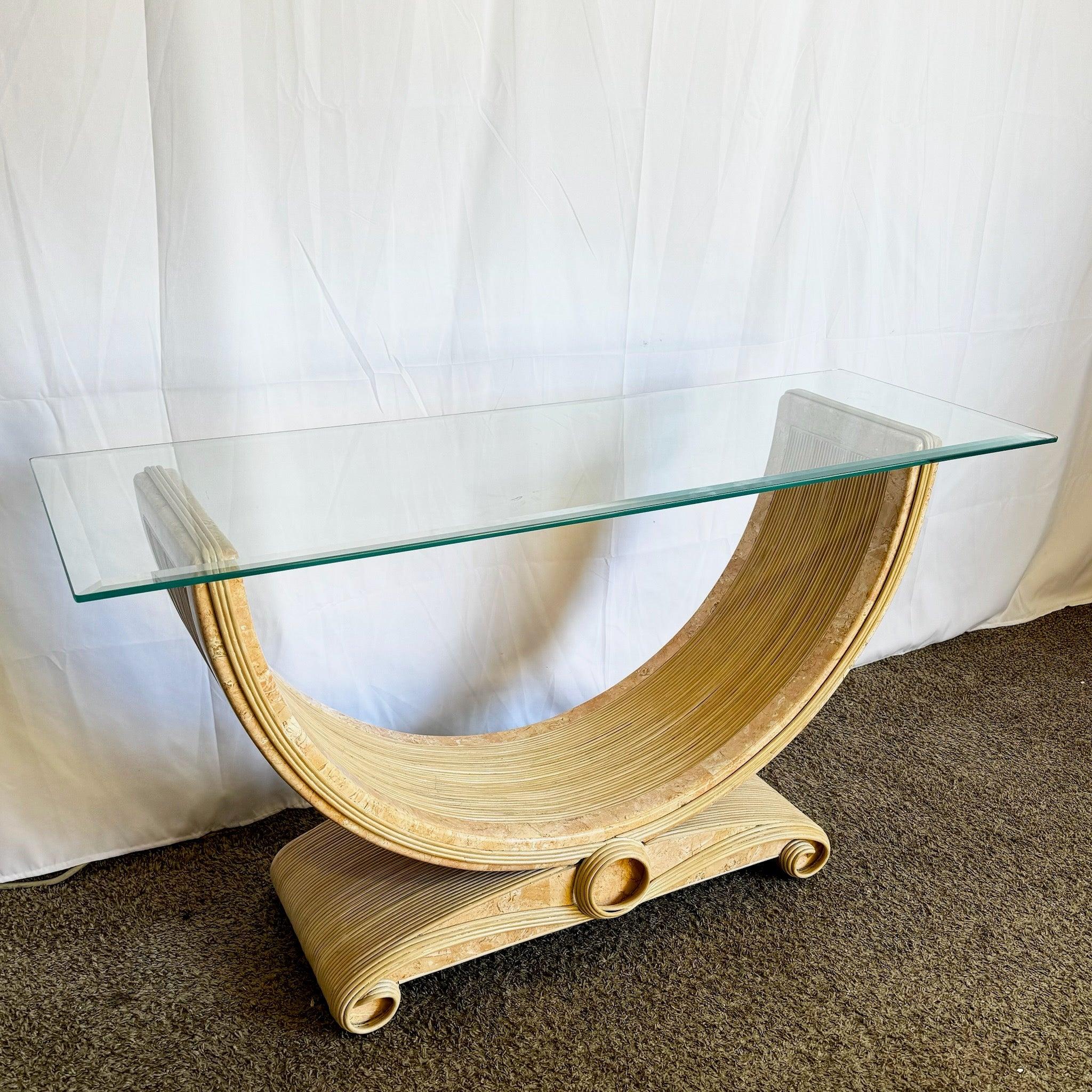 Boho Chic Pink Tessellated Stone and Pencil Reed Ribbon Glass Top Console Table For Sale 2