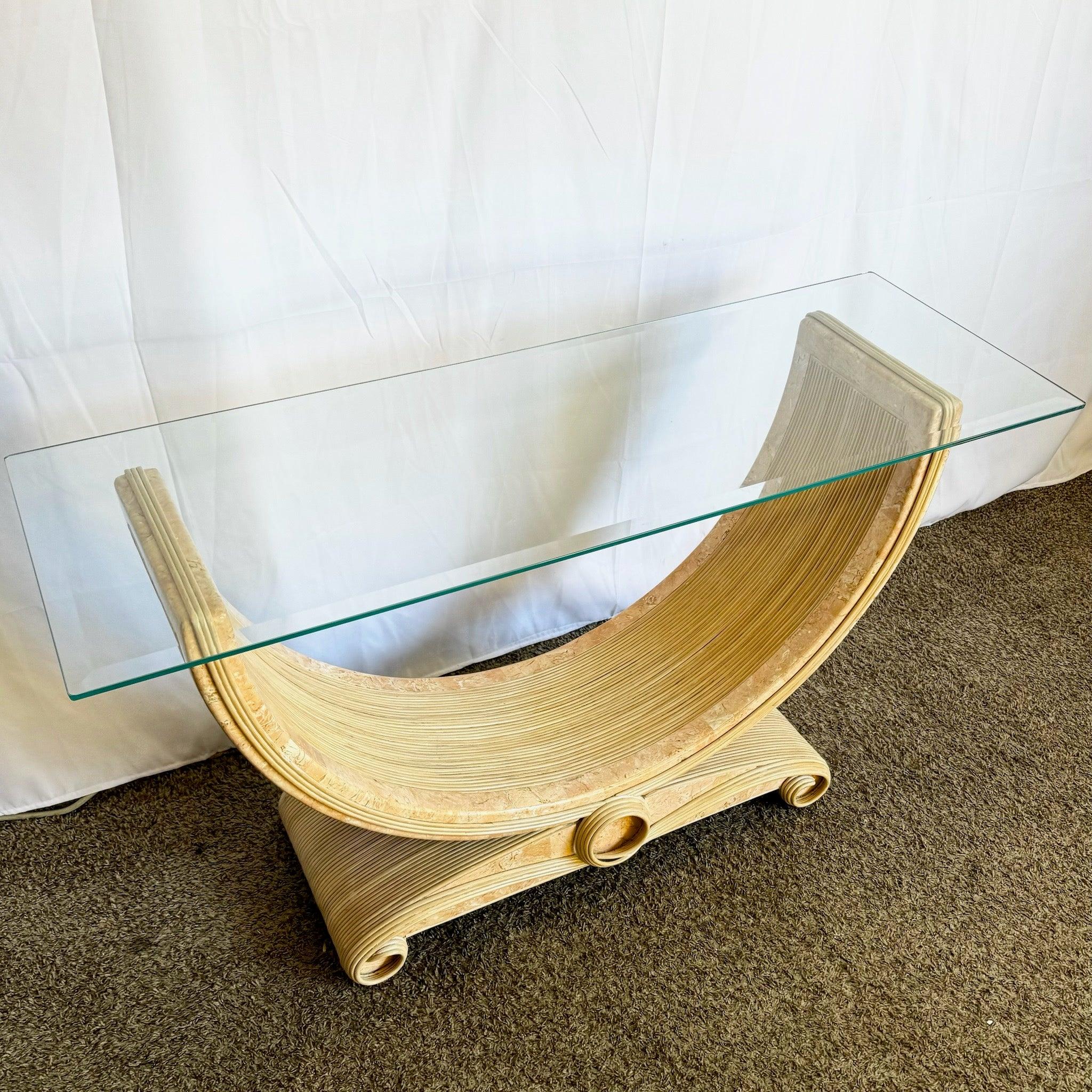 Boho Chic Pink Tessellated Stone and Pencil Reed Ribbon Glass Top Console Table For Sale 4