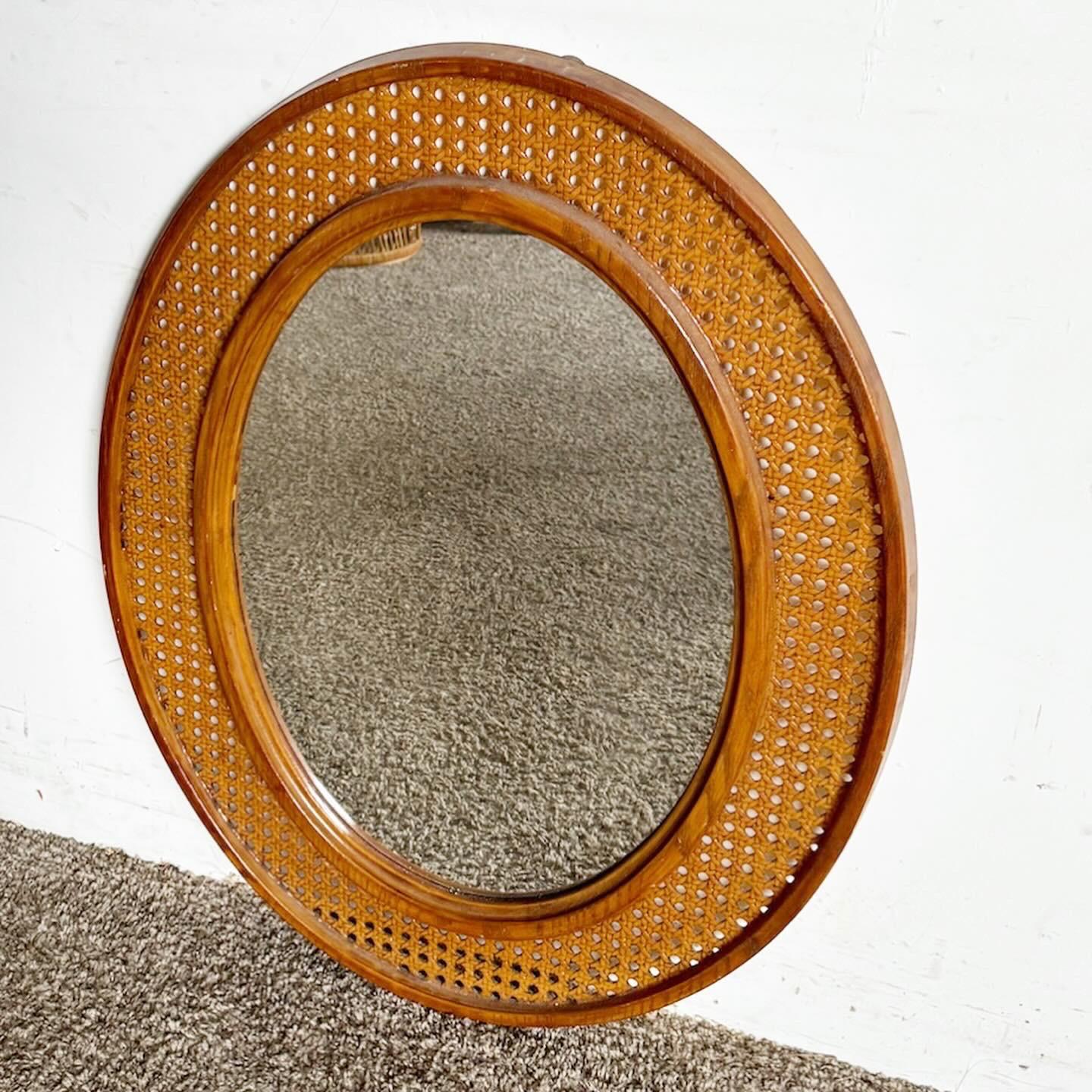 Boho Chic Plastic Faux Cane Framed Wall Mirror In Good Condition For Sale In Delray Beach, FL