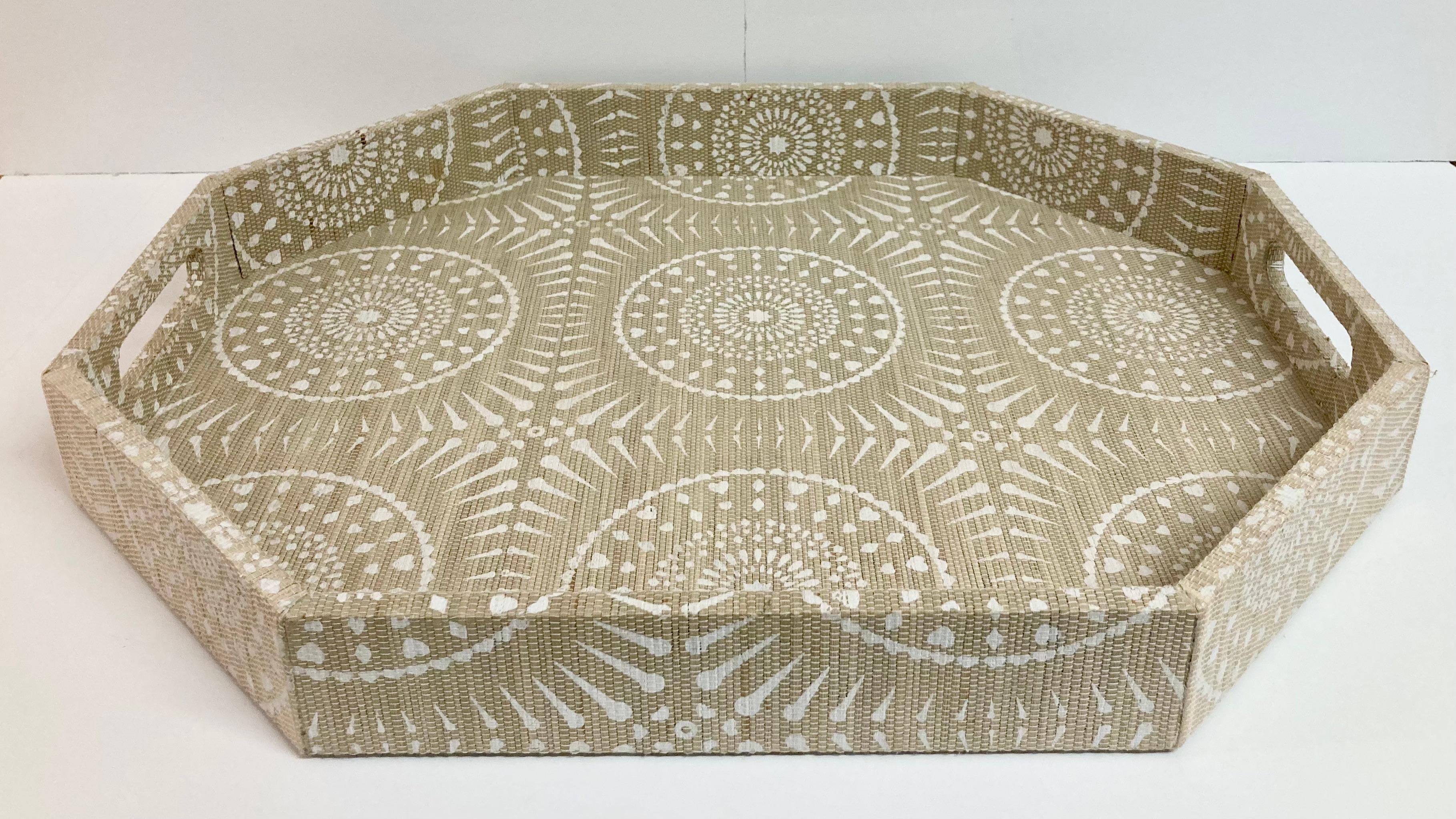 Gorgeous Boho Chic raffia covered serving tray with hand painted patterns. Nice octagonal shape. Add some Boho Chic style to your home.