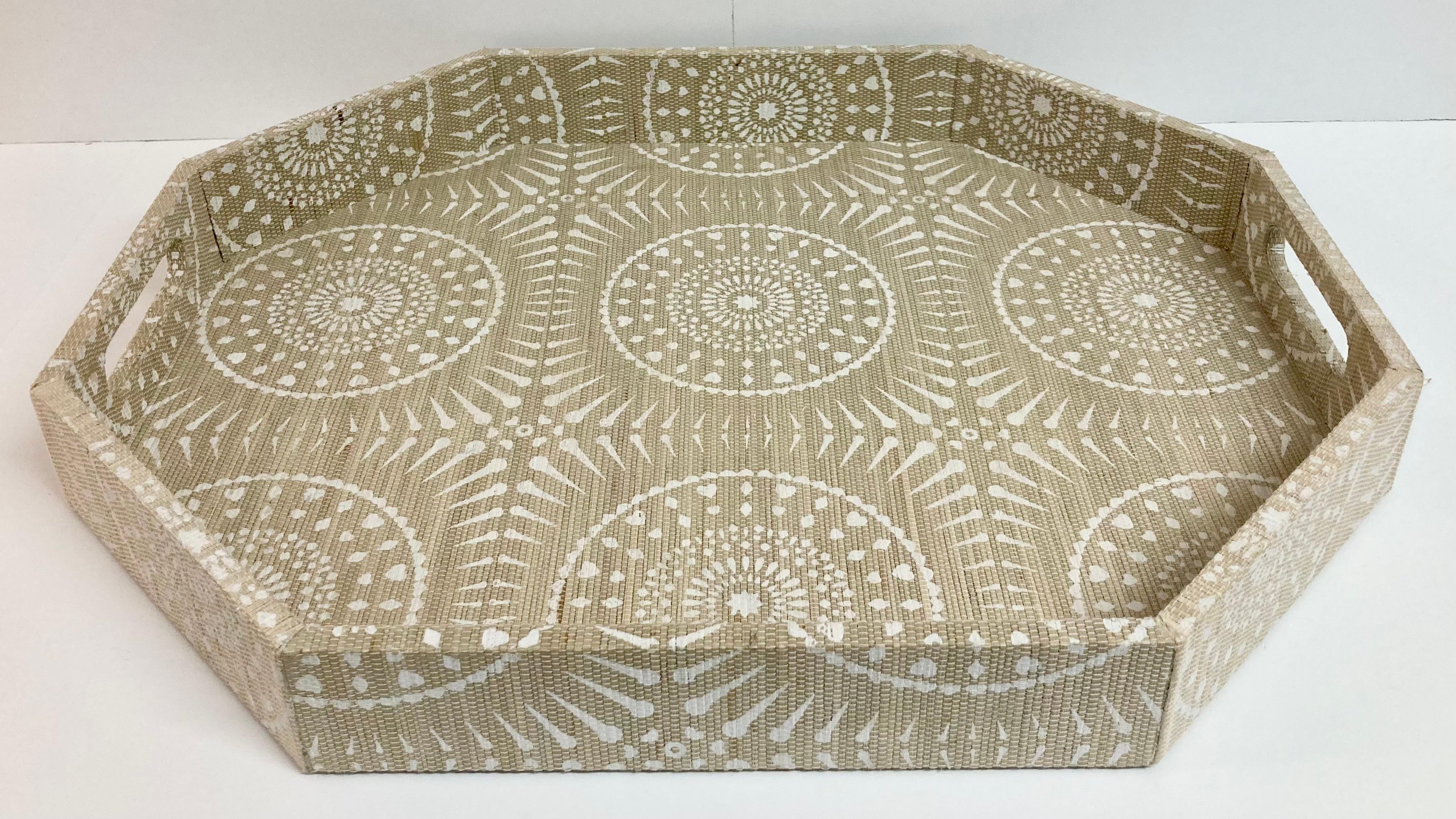 Modern Boho Chic Raffia Covered and Hand Painted Serving Tray For Sale