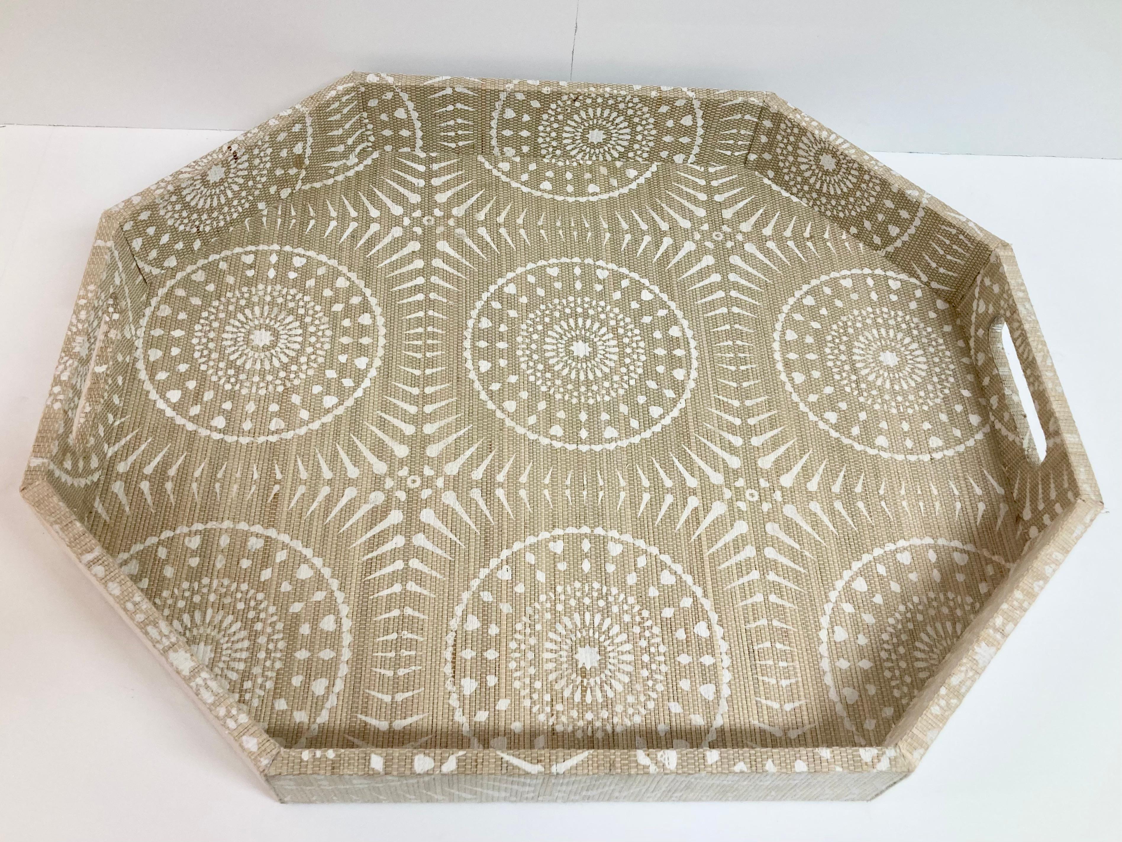 American Boho Chic Raffia Covered and Hand Painted Serving Tray For Sale