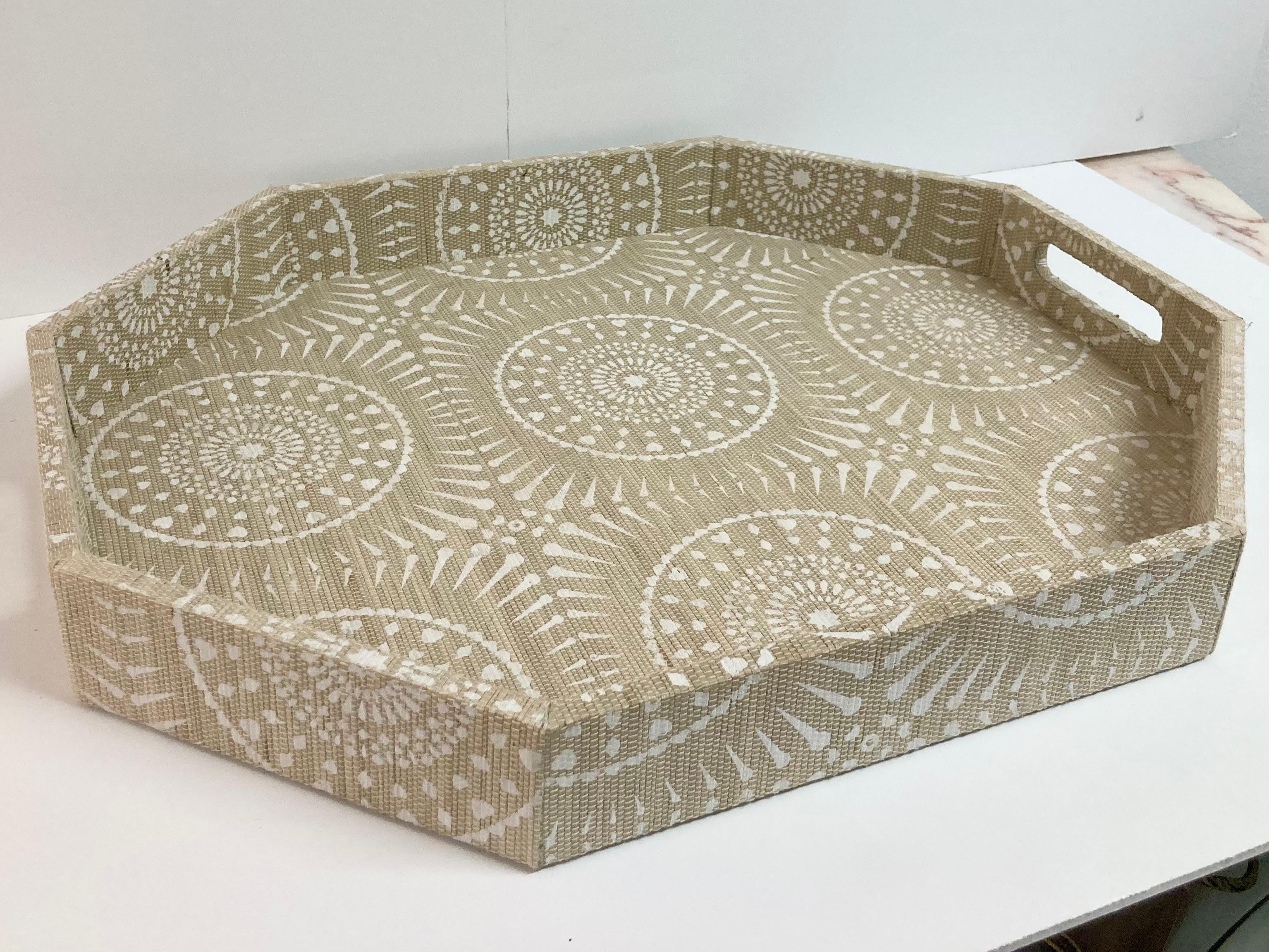 Boho Chic Raffia Covered and Hand Painted Serving Tray In Good Condition For Sale In Los Angeles, CA