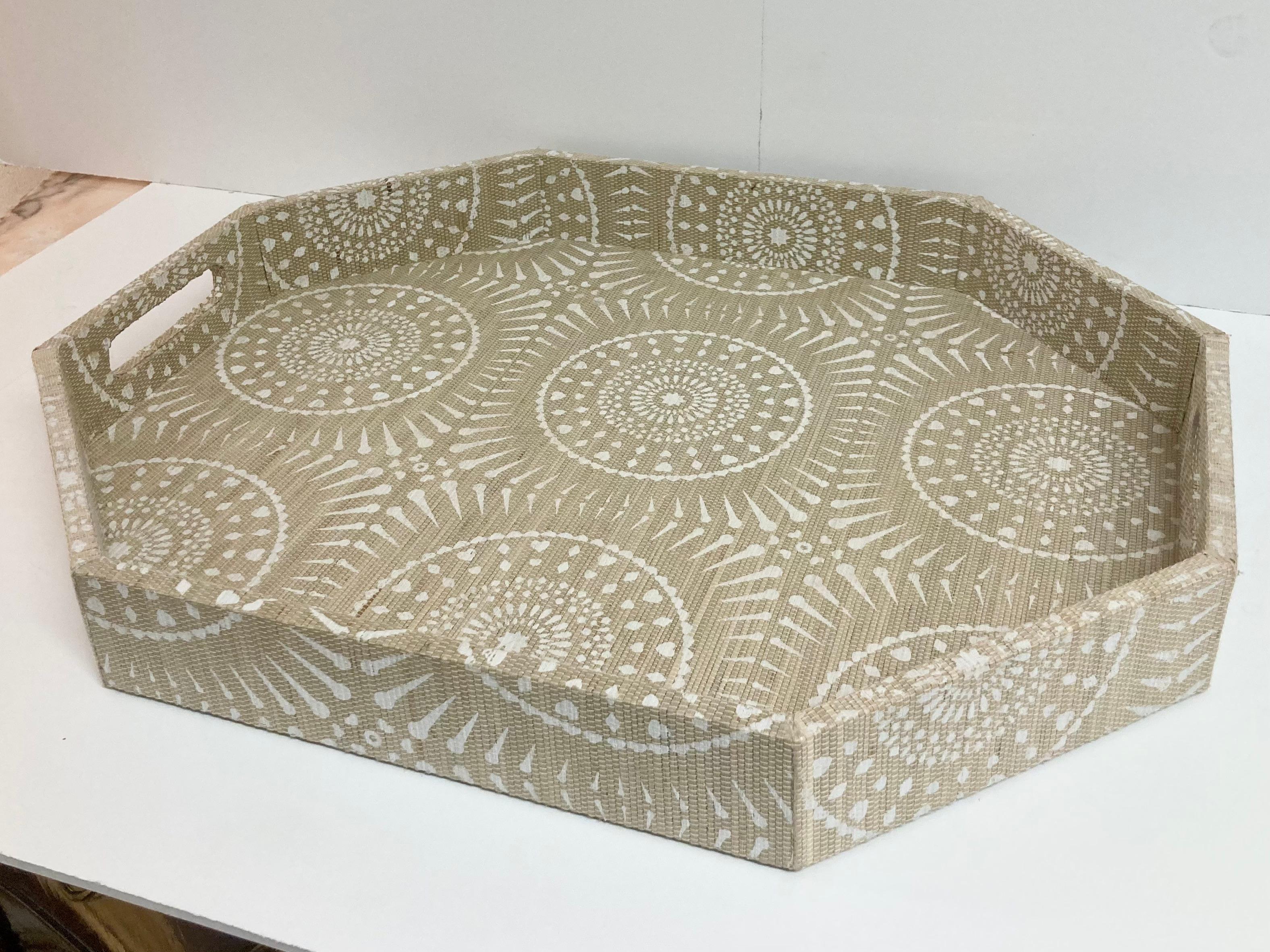 Late 20th Century Boho Chic Raffia Covered and Hand Painted Serving Tray For Sale