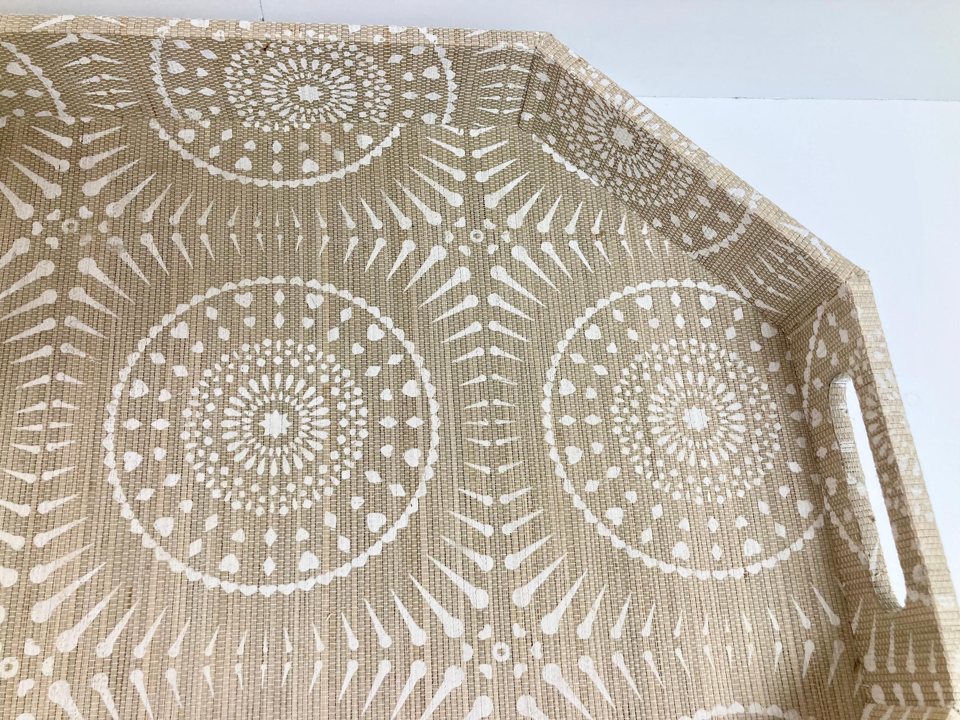 Boho Chic Raffia Covered and Hand Painted Serving Tray For Sale 1