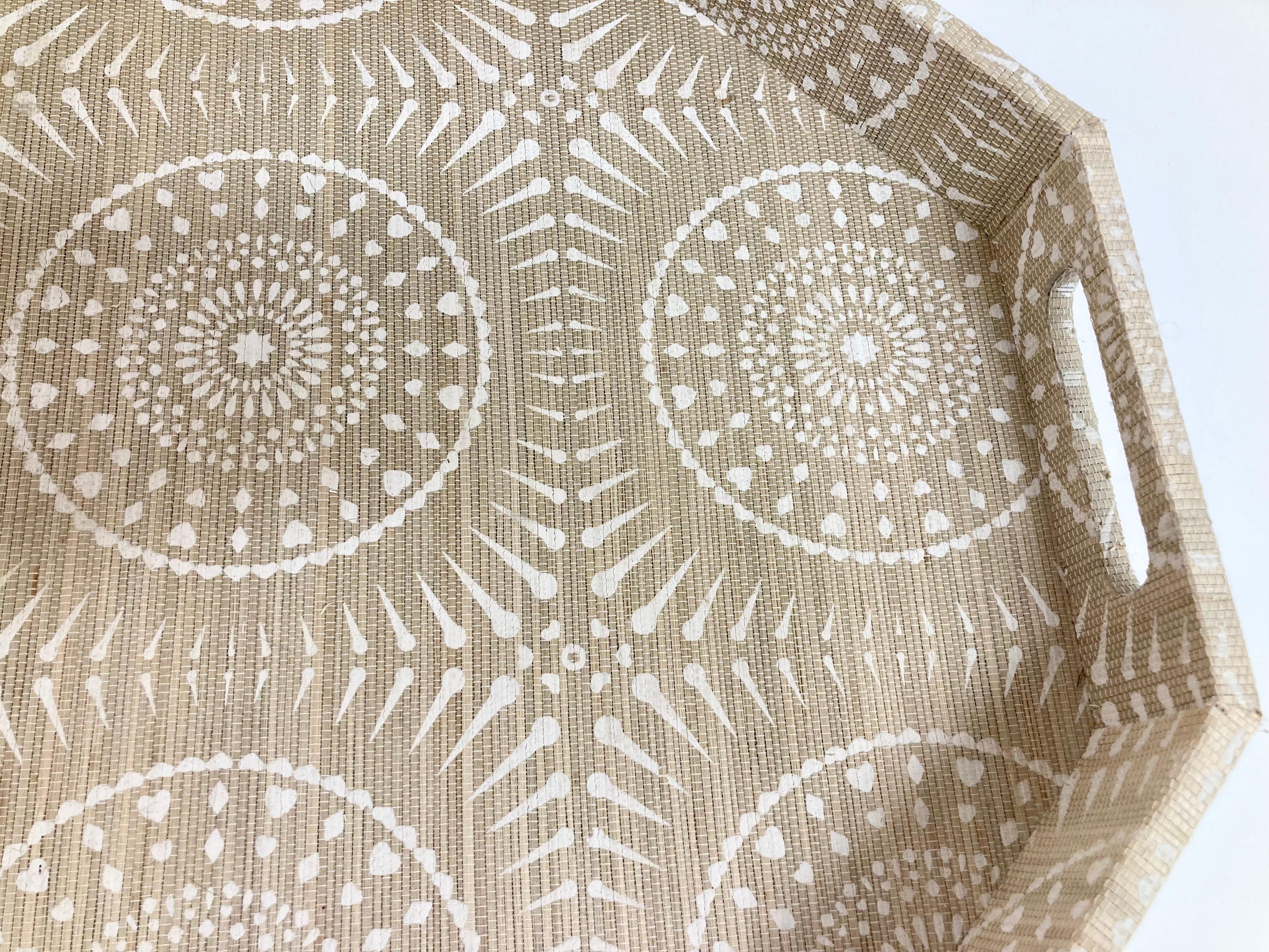 Boho Chic Raffia Covered and Hand Painted Serving Tray For Sale 2