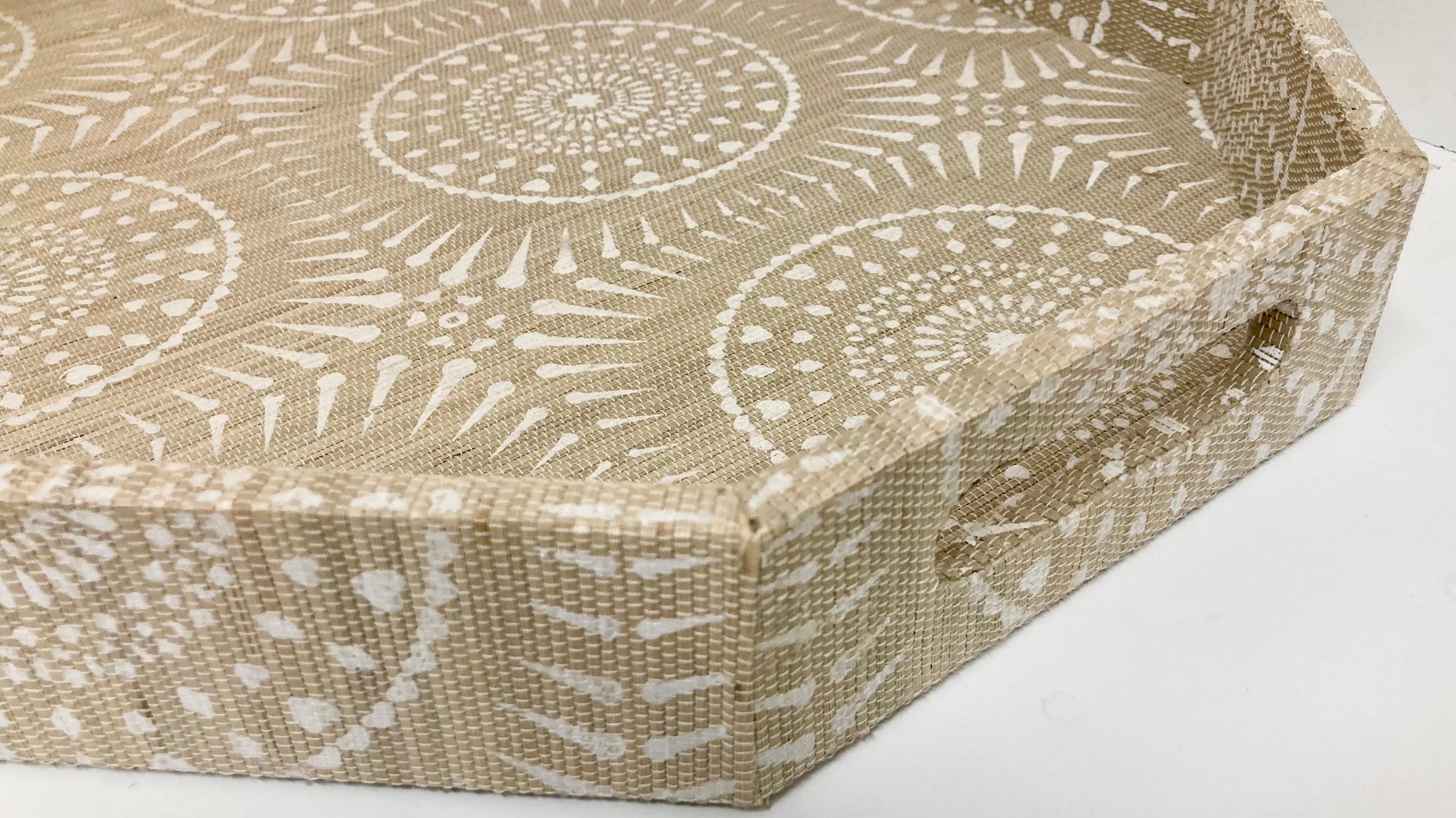 Boho Chic Raffia Covered and Hand Painted Serving Tray For Sale 3