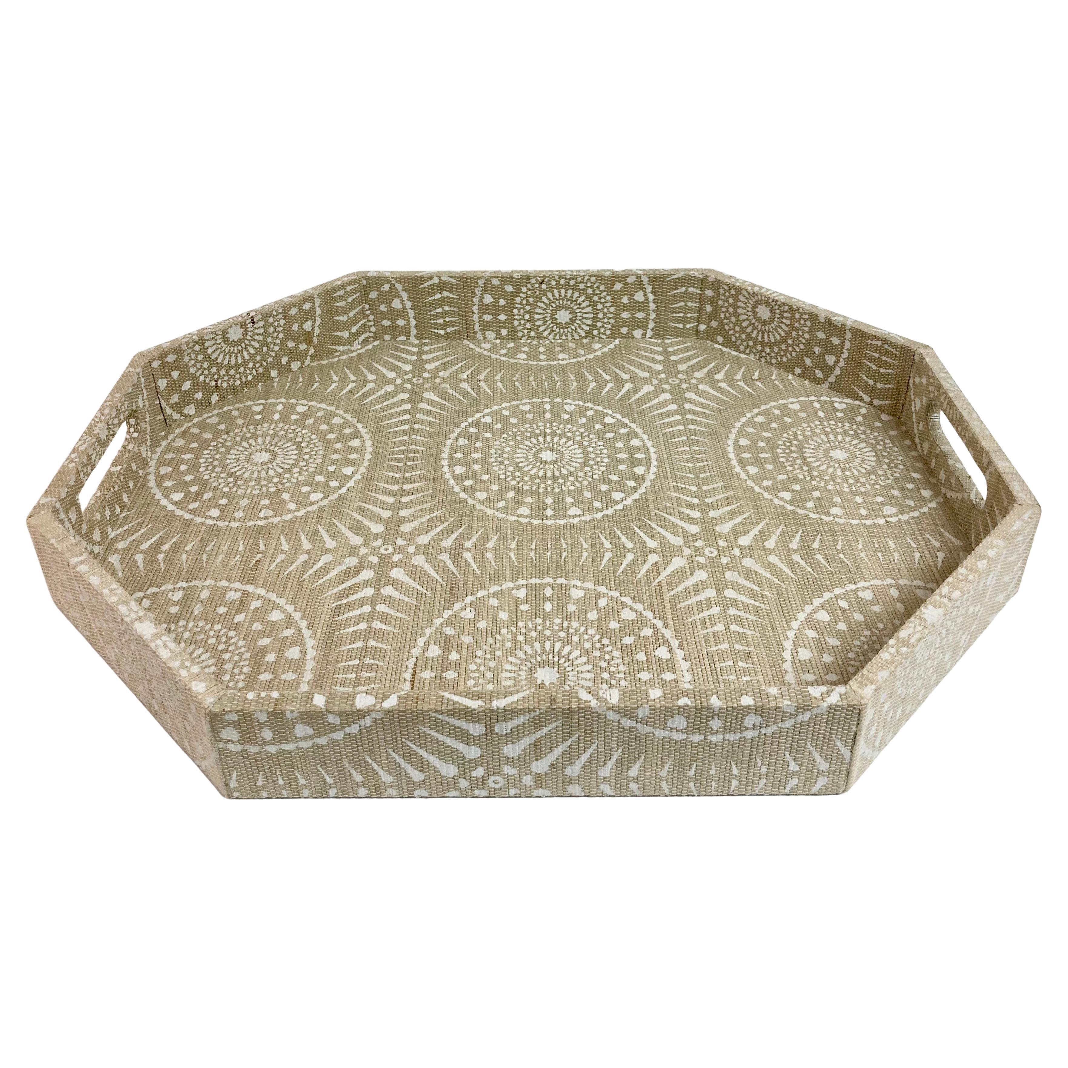 Boho Chic Raffia Covered and Hand Painted Serving Tray