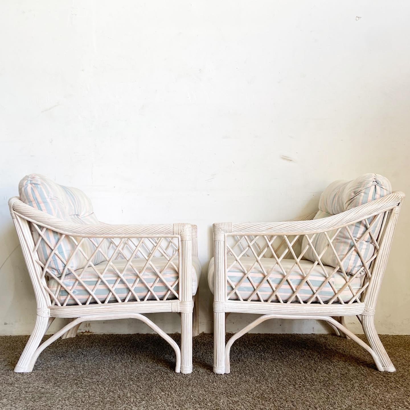 Bohemian Boho Chic Rattan and Pencil Reed Arm Chairs by Henry Link - a Pair For Sale