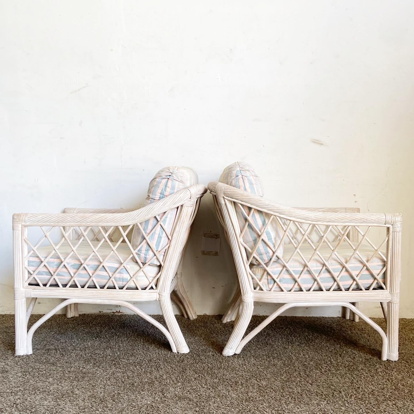 Boho Chic Rattan and Pencil Reed Arm Chairs by Henry Link - a Pair In Good Condition For Sale In Delray Beach, FL
