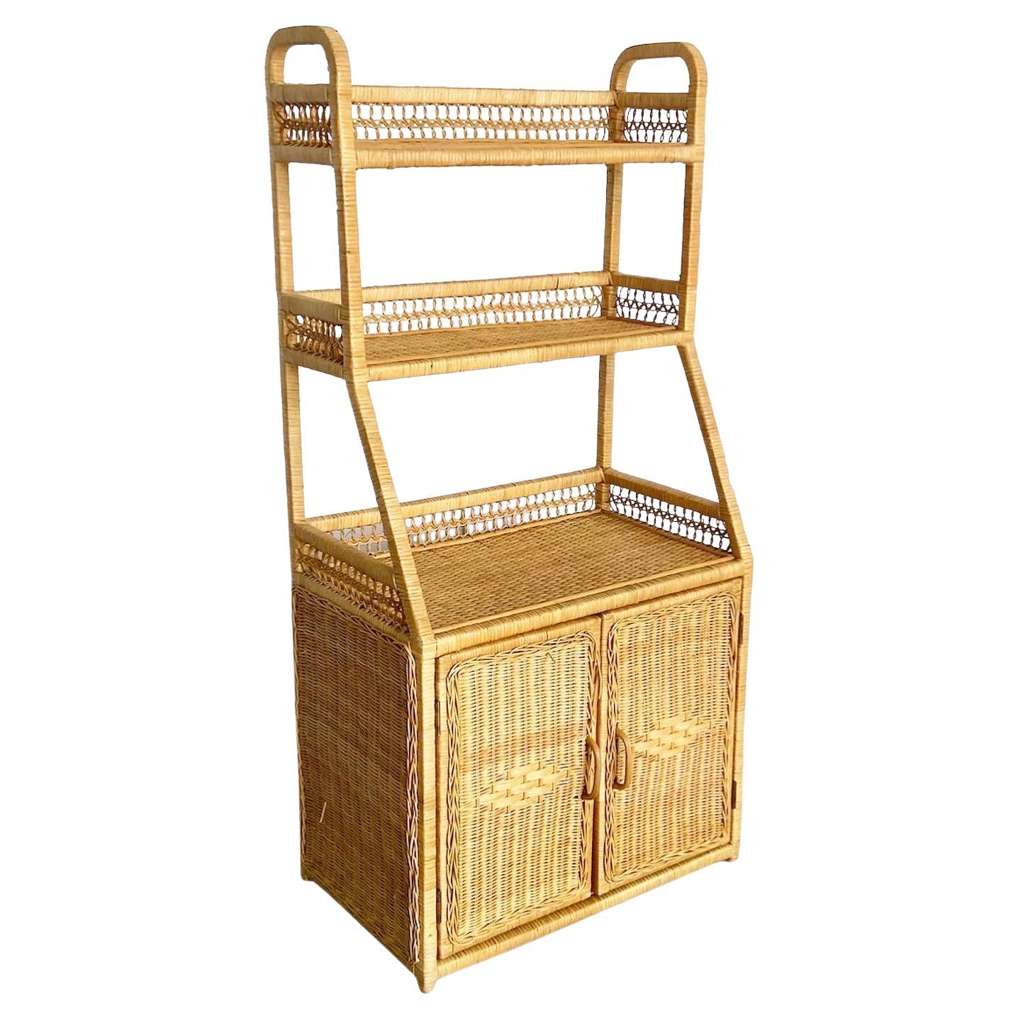 Boho Chic Rattan and Wicker Etagere For Sale