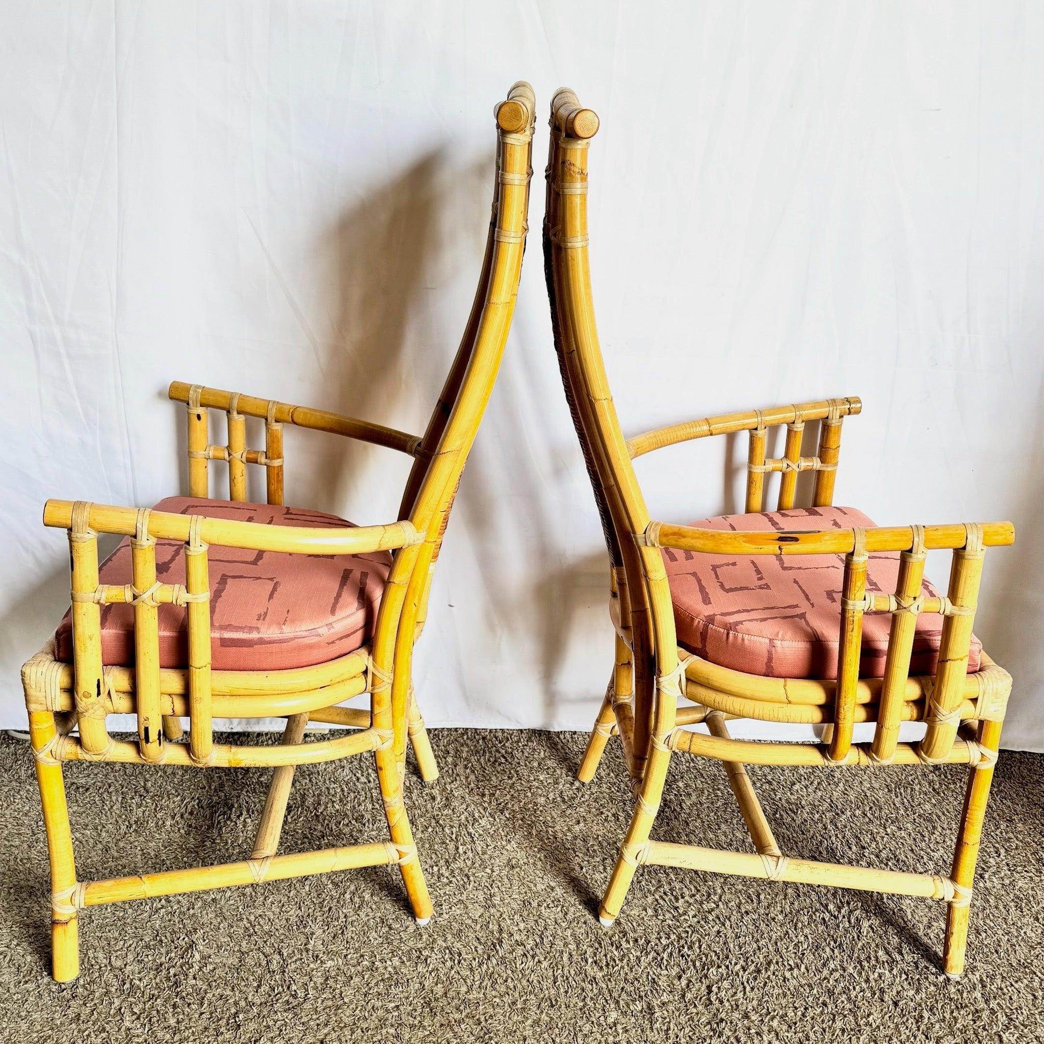 Boho Chic Rattan Dining Arm Chairs—set of six high-back rattan chairs with sculptural silhouette and patterned cushions, ideal for coastal boho dining.
 

 We sell items as acquired, without restoring or repairing. Vintage pieces may have