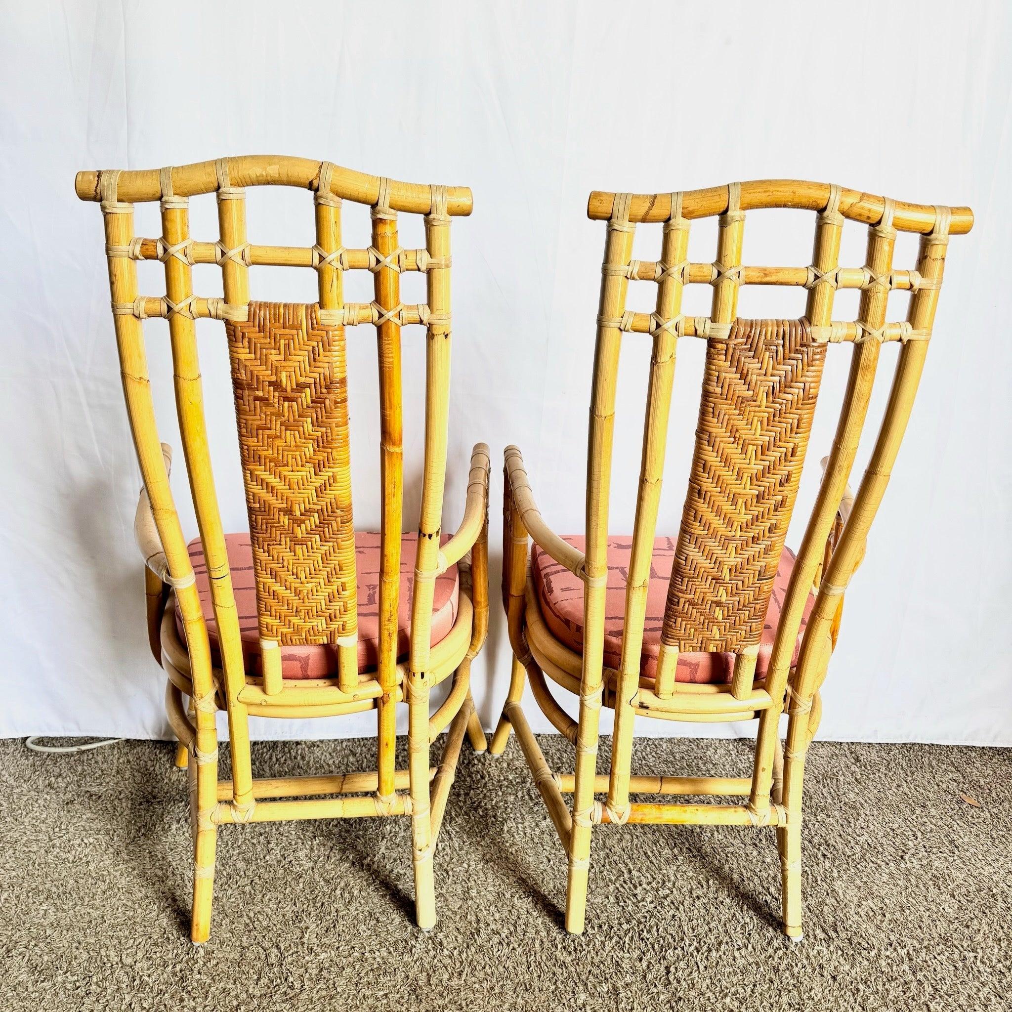 Philippine Boho Chic Rattan and Wicker High Back Dining Arm Chairs For Sale