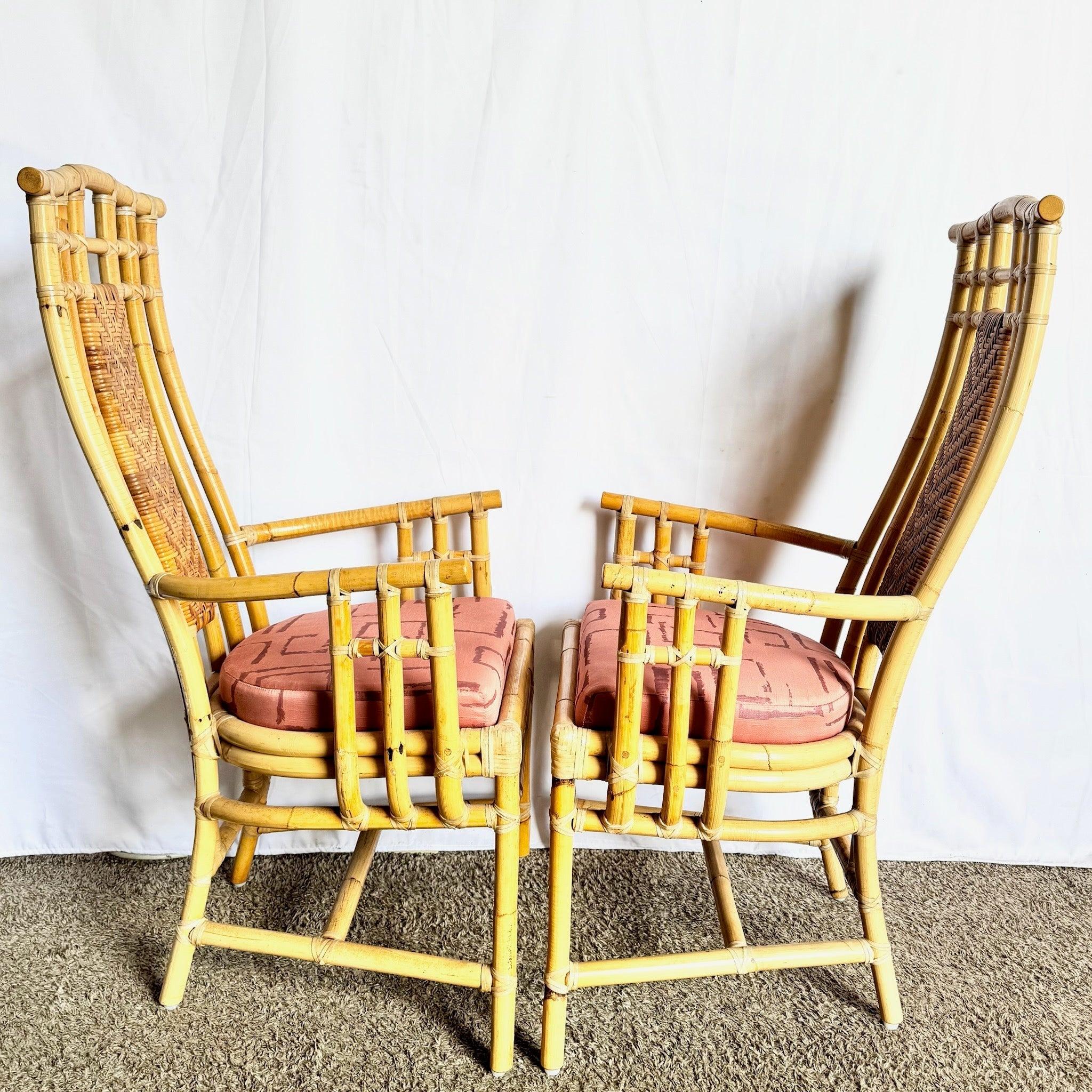 Boho Chic Rattan and Wicker High Back Dining Arm Chairs In Good Condition For Sale In Delray Beach, FL