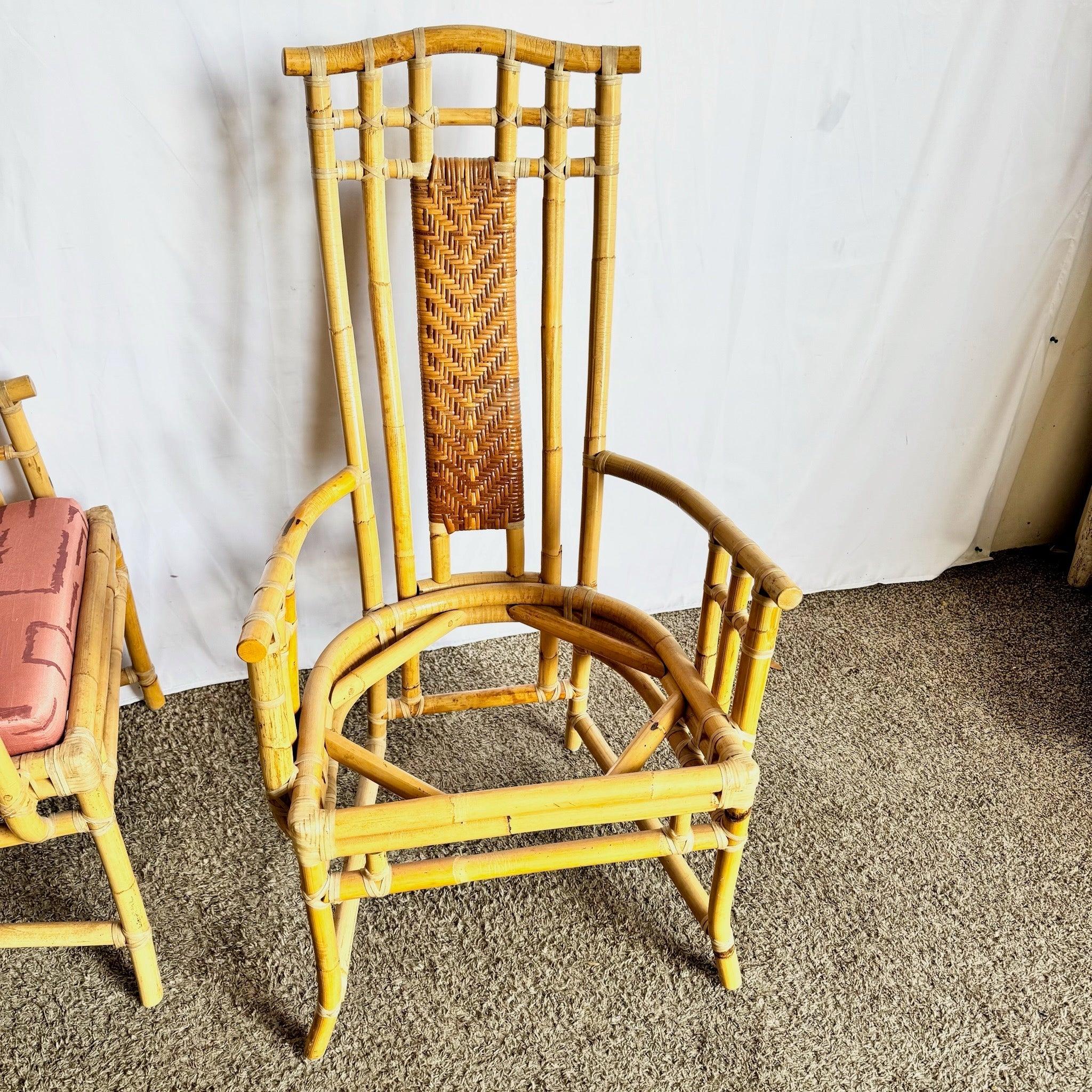 Late 20th Century Boho Chic Rattan and Wicker High Back Dining Arm Chairs For Sale