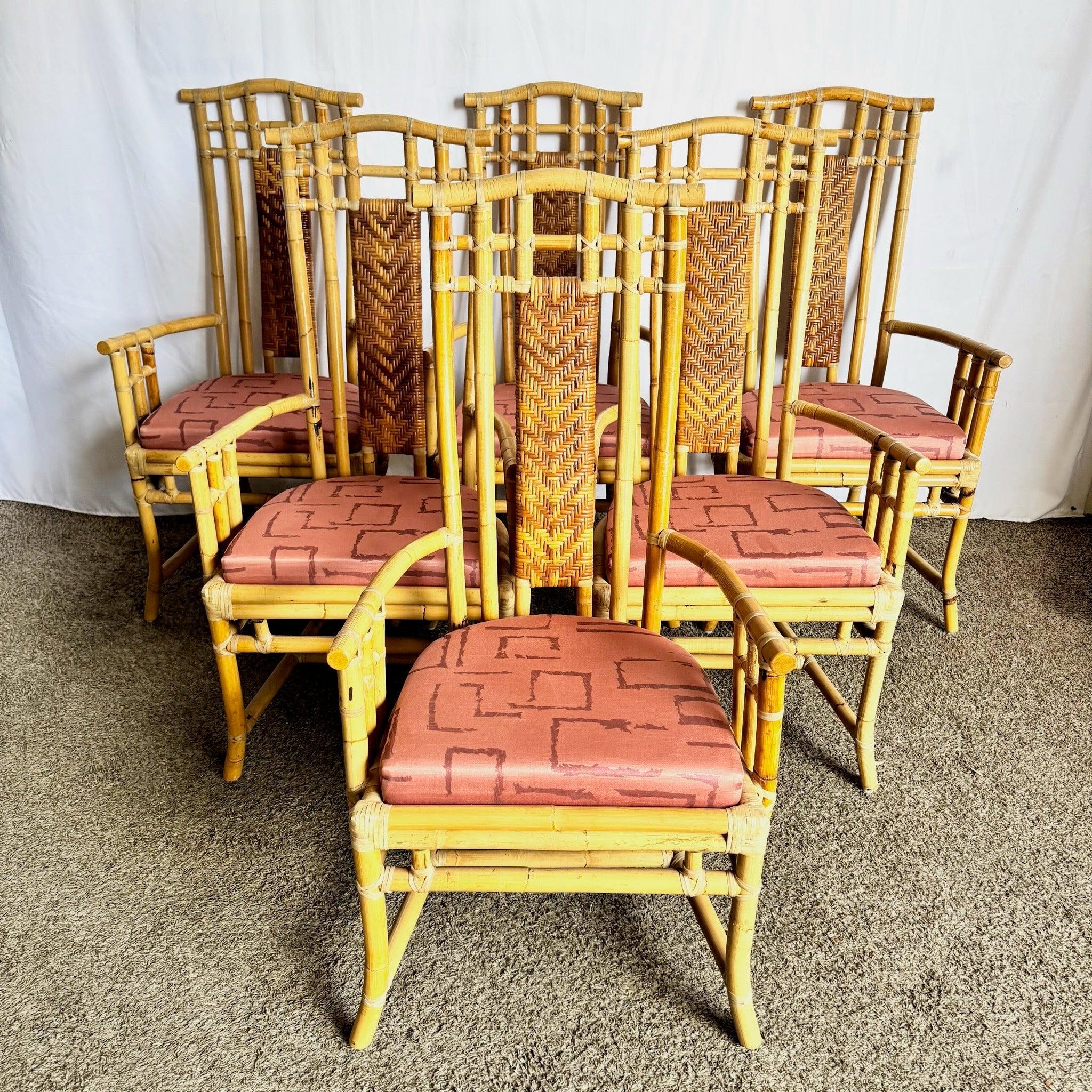 Boho Chic Rattan and Wicker High Back Dining Arm Chairs For Sale 1