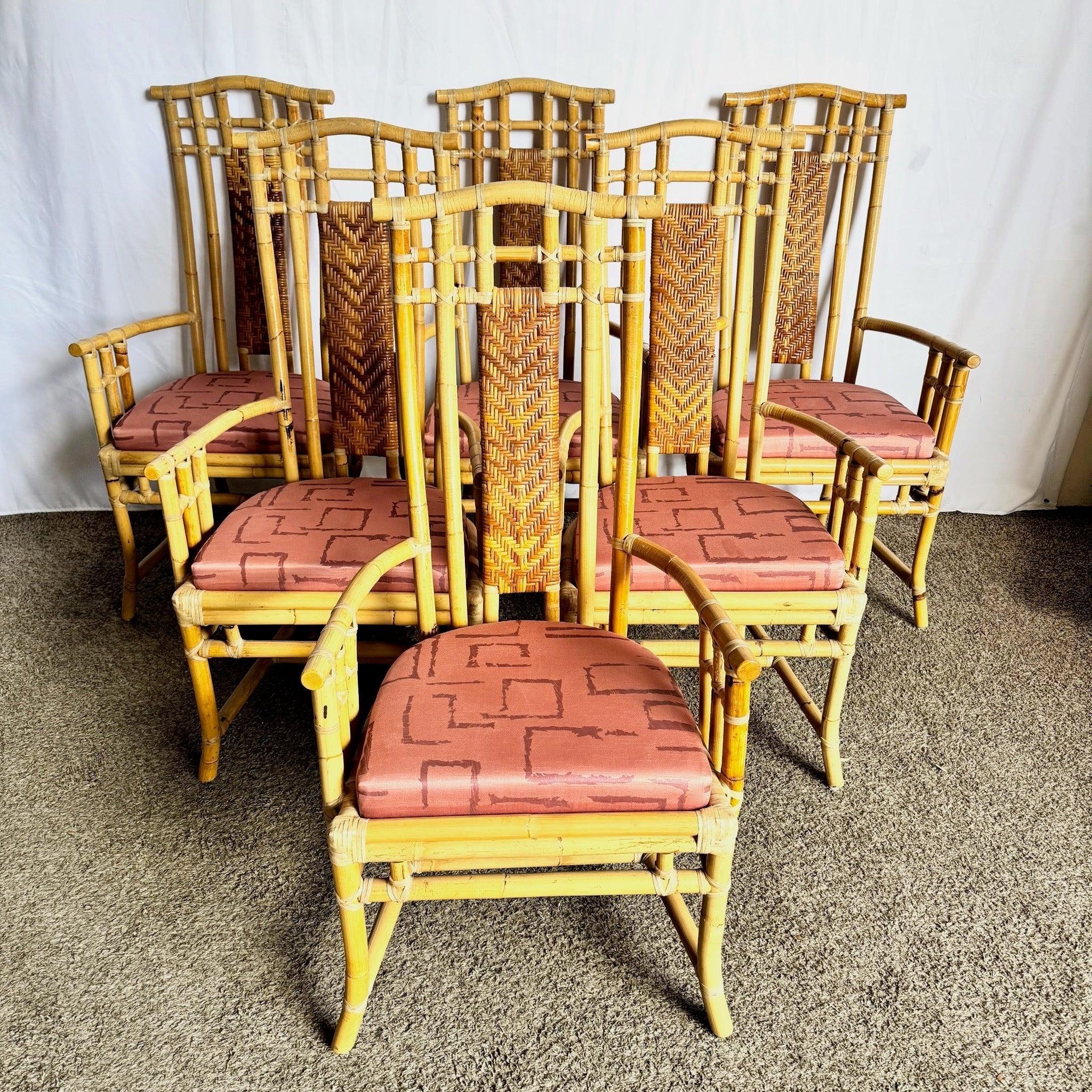 Boho Chic Rattan and Wicker High Back Dining Arm Chairs For Sale 2