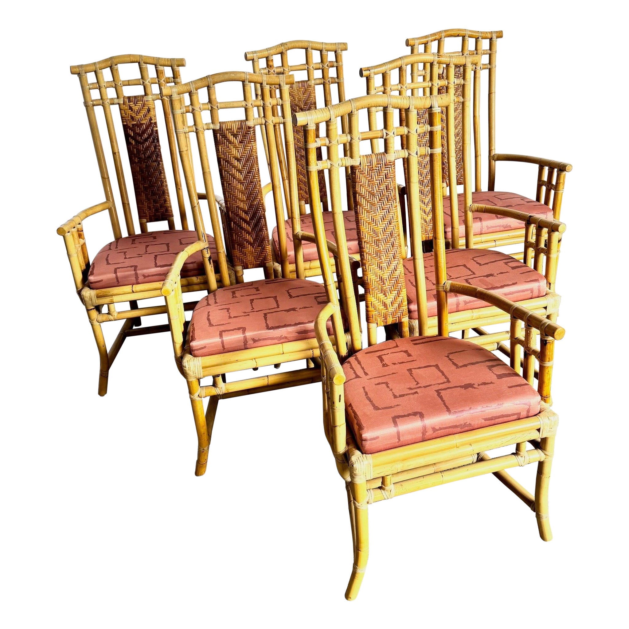 Boho Chic Rattan und Wicker High Back Dining Arm Chairs im Angebot