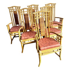 Boho Chic Rattan and Wicker High Back Dining Arm Chairs