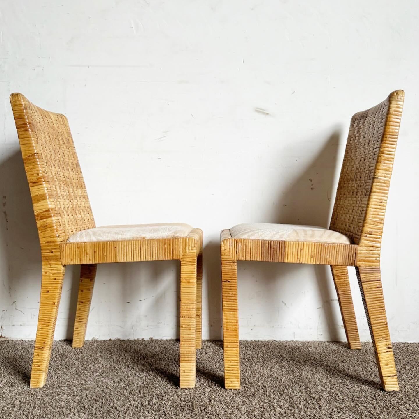 Boho Chic Rattan and Wicker Parsons Dining Chairs - Set of 4 For Sale 5