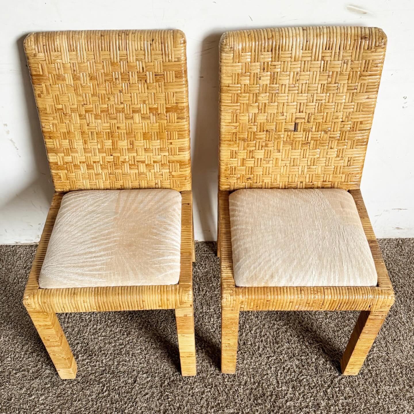 Boho Chic Rattan and Wicker Parsons Dining Chairs - Set of 4 In Good Condition For Sale In Delray Beach, FL