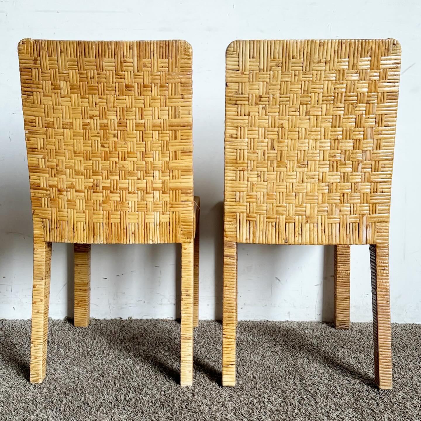 20th Century Boho Chic Rattan and Wicker Parsons Dining Chairs - Set of 4 For Sale