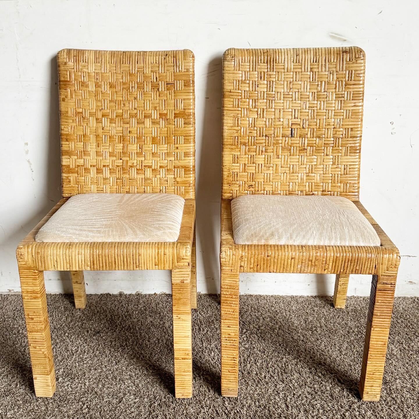 Boho Chic Rattan and Wicker Parsons Dining Chairs - Set of 4 For Sale 3