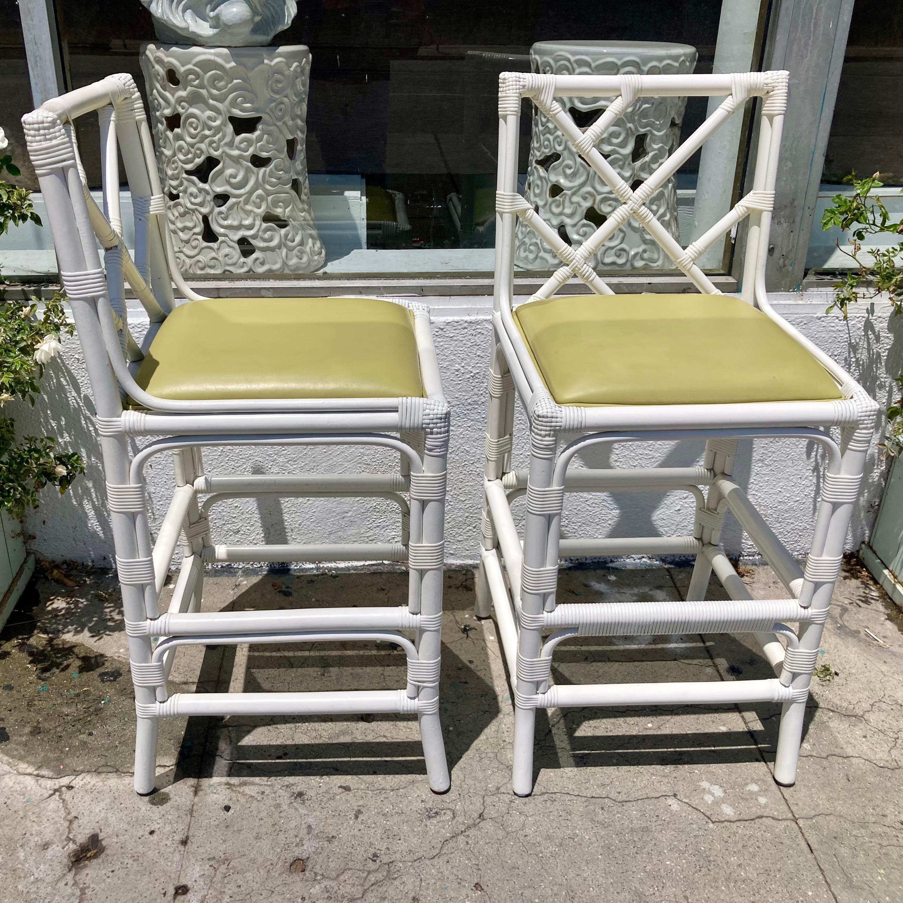 Late 20th Century Boho Chic Rattan Chippendale Counter Stools, a Pair For Sale