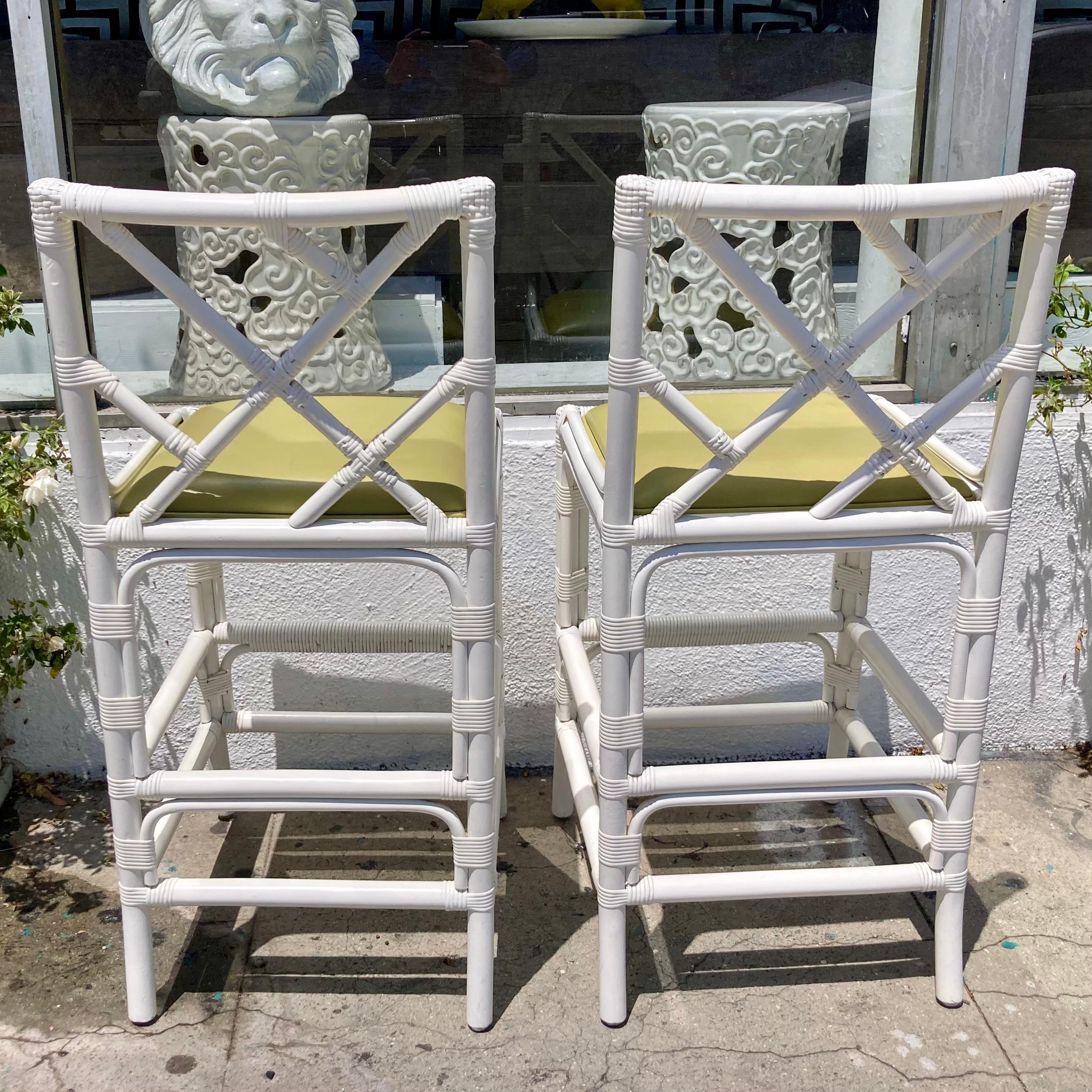 Boho Chic Rattan Chippendale Counter Stools, a Pair For Sale 1