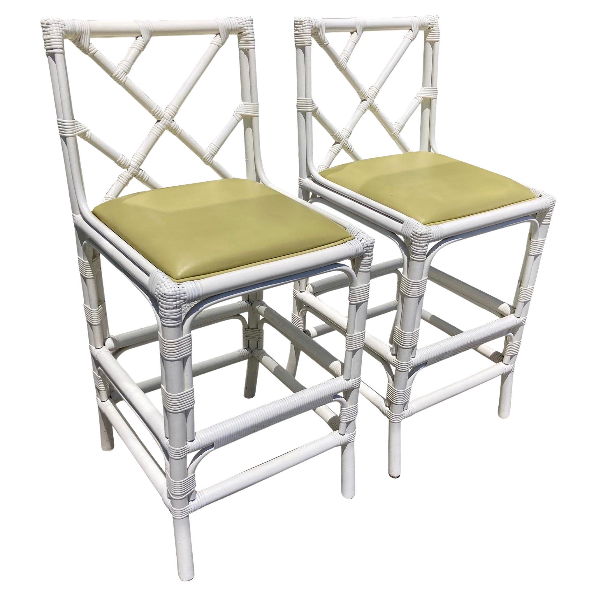 Boho Chic Rattan Chippendale Counter Stools, a Pair For Sale
